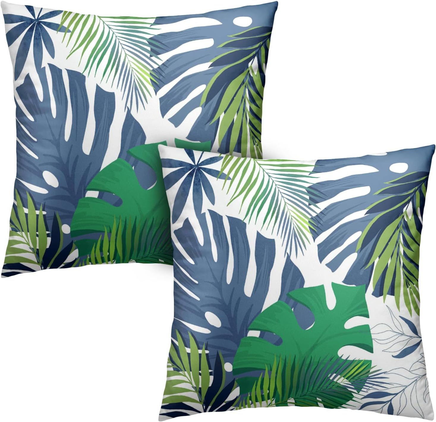 Juego de 2 fundas de almohada de hojas tropicales de 18 x 18 pulgadas, fundas de almohada decorativas de verano con hojas de palmera azul y verde,