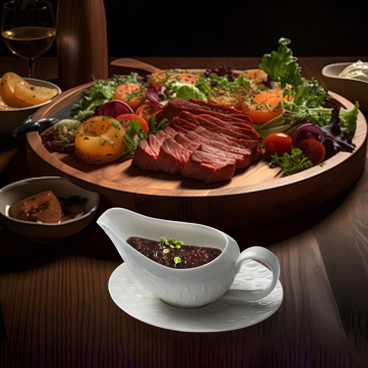 Barco de salsa de porcelana, cuenco de salsa de 16 onzas con platillo para caldo, aderezos de ensalada, crema, leche, pimienta negra (blanco)