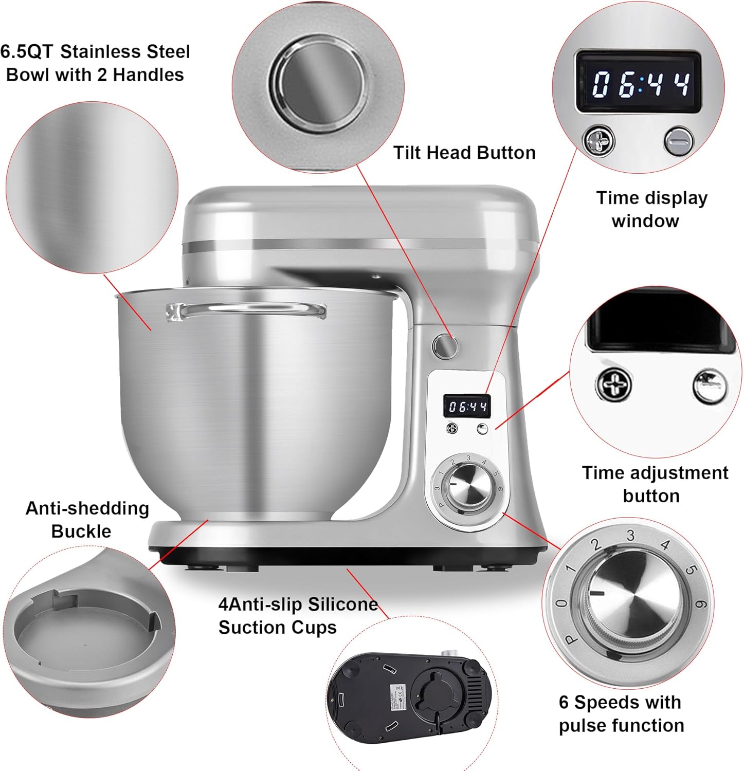 Biolomix Batidora eléctrica de pie para cocina, batidora de alimentos de 6 velocidades con tazón de acero inoxidable de 6.5 cuartos de galón, gancho