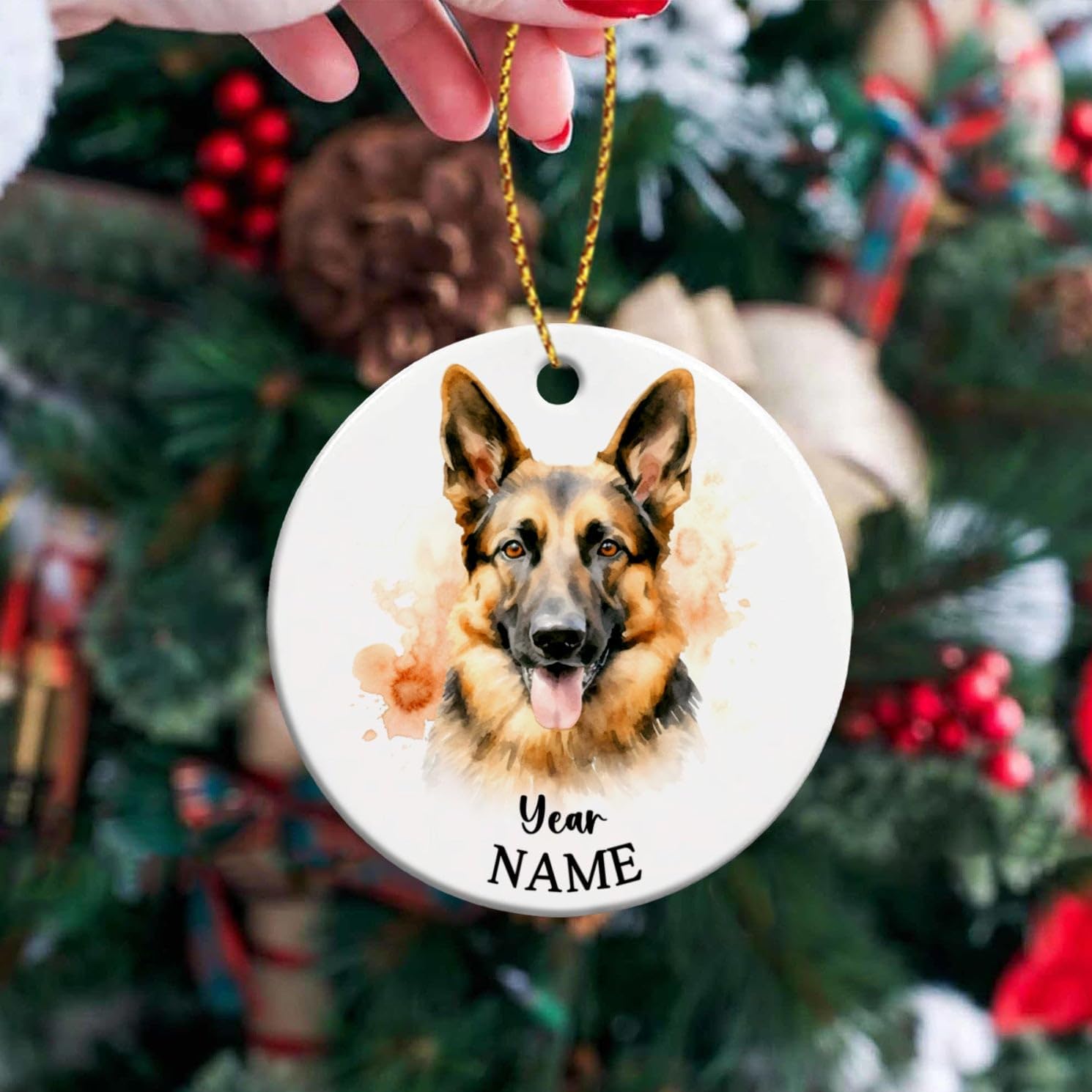 Adorno personalizado de cerámica para perro pastor alemán, adorno de árbol de Navidad personalizado para perro con nombre y año, adorno de cerámica