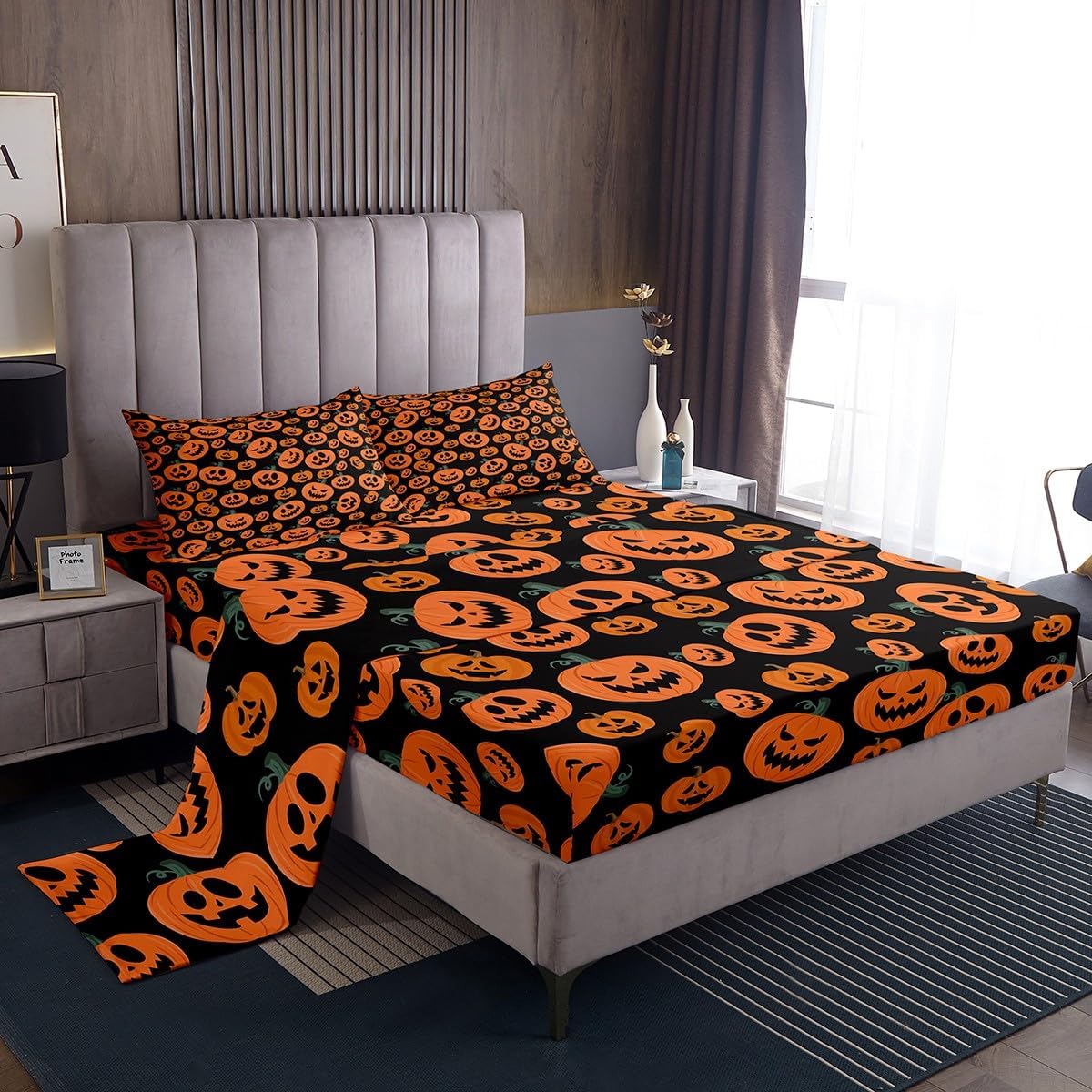 Feelyou Juego de sábanas de Halloween tamaño King con farol de calabaza para niños y niñas, sábanas de truco o trato con sábana bajera de bolsillo