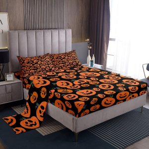 Feelyou Juego de sábanas de Halloween tamaño King con farol de calabaza para niños y niñas, sábanas de truco o trato con sábana bajera de bolsillo Feelyou Juego de sábanas de Halloween tamaño King con farol de calabaza para niños y niñas, sábanas de truco o trato con sábana bajera de bolsillo