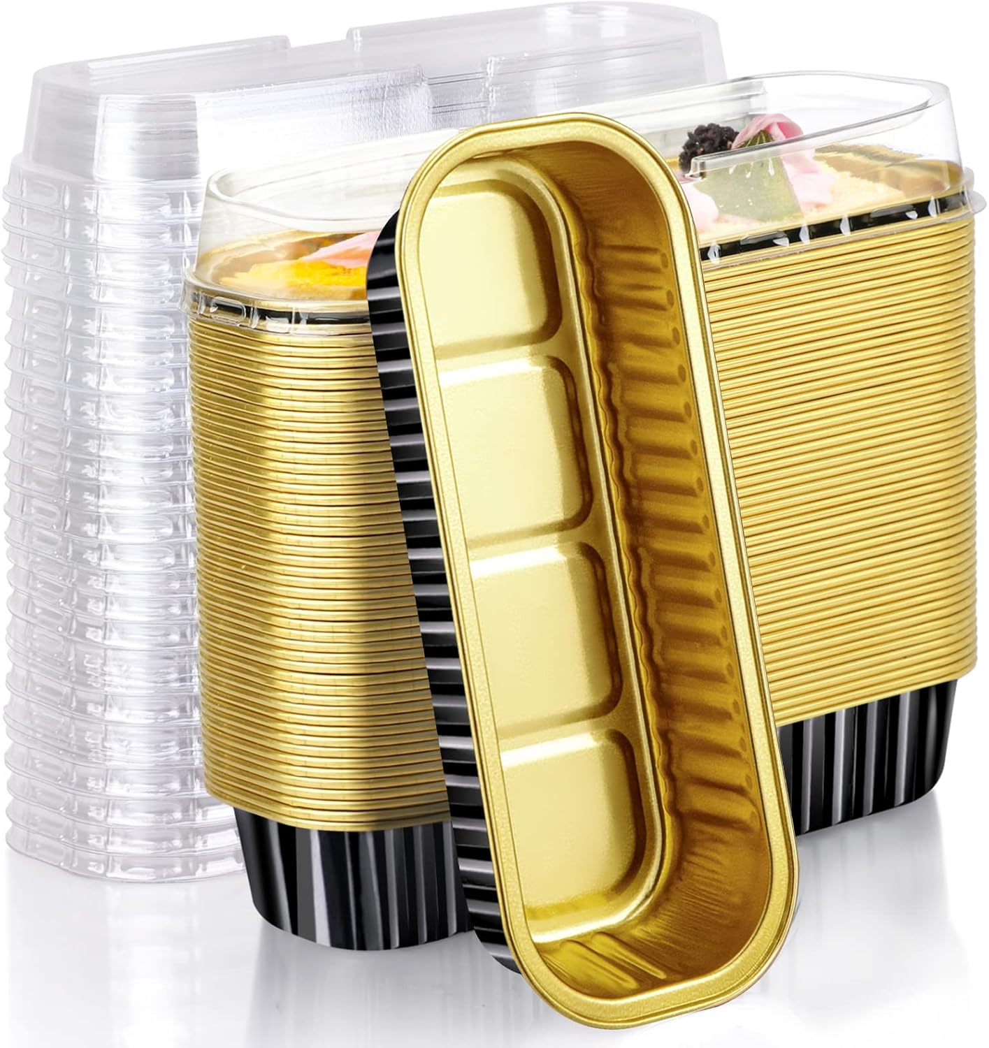 EUSOAR Tazas para hornear con tapas, 50 piezas de 6.8 onzas, 6.5 x 2.5 x 1.2 pulgadas, papel de aluminio desechable negro y dorado, moldes para