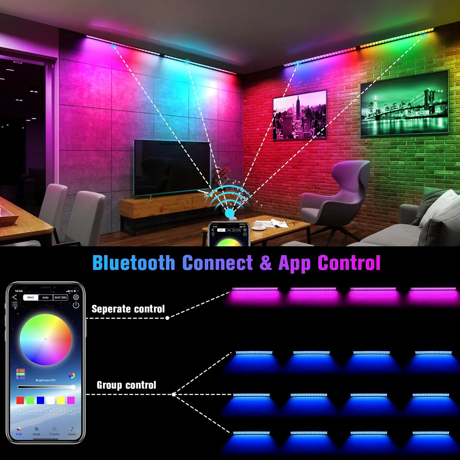 Barra de luz LED para lavado de escenario, 192 LED, 35 W, aplicación y control remoto, arandela de pared, luz activada por sonido, reproducción