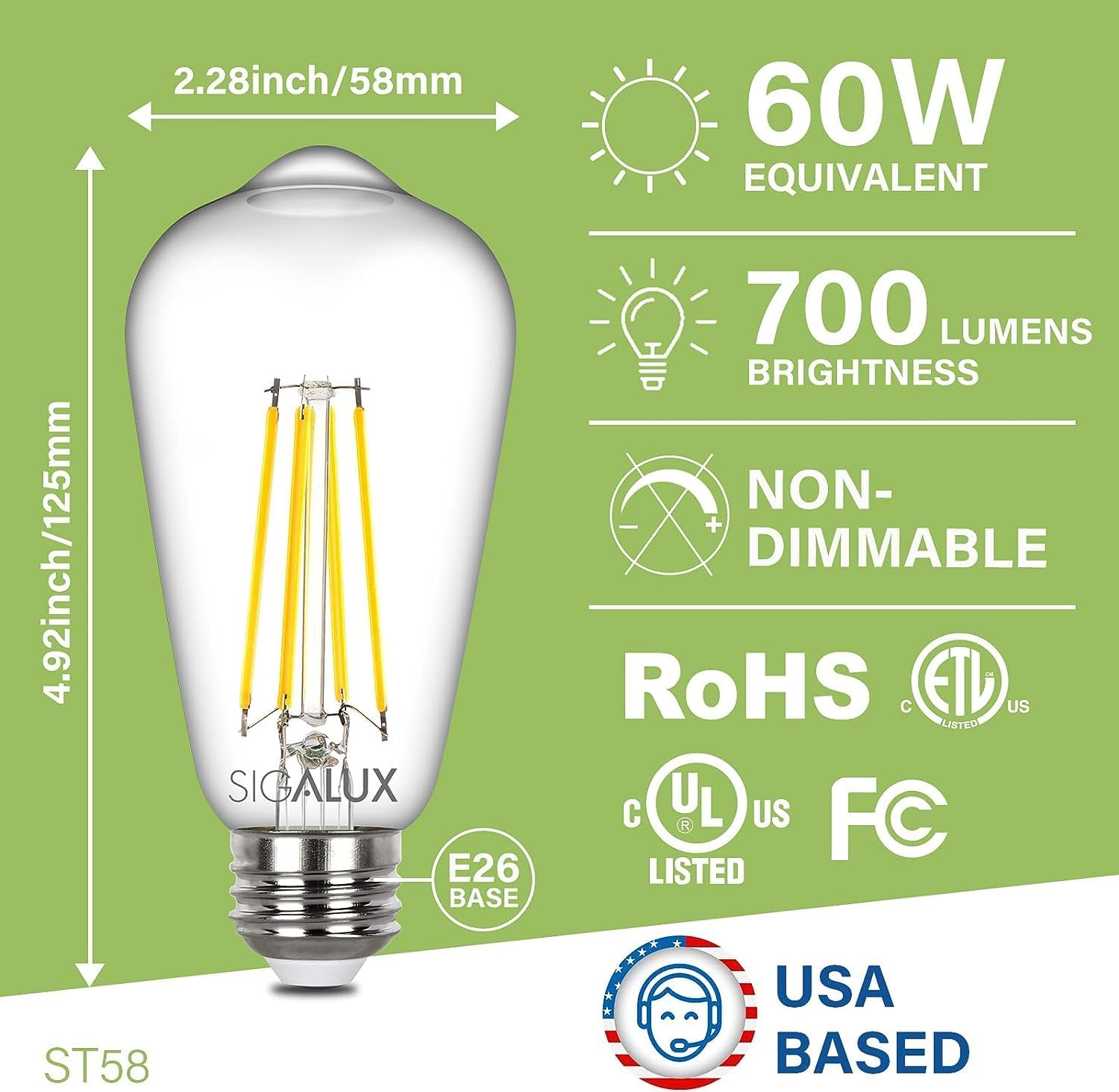 Sigalux Edison Bulbs, Bombilla LED E26 ST58 de filamento transparente, no regulable, bombillas vintage, equivalente a 60 W, blanco suave, 2700 K,