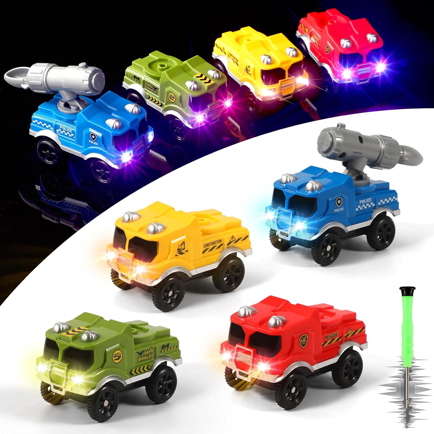Solo repuesto de autos de pistas, autos de pista que brillan en la oscuridad, accesorios para pistas de automóvil con 3 luces LED intermitentes,