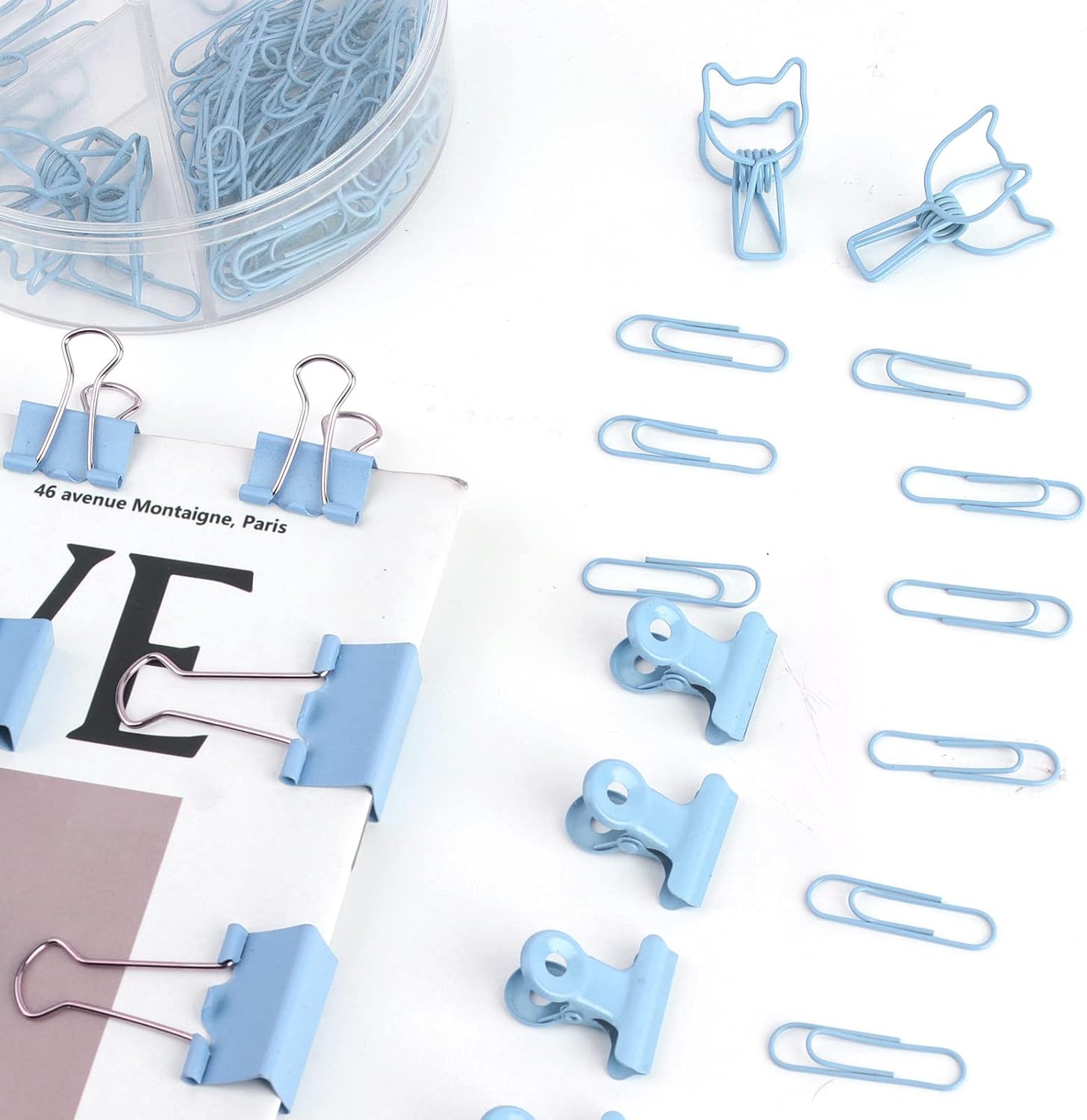 CREECHWA Juego de clips de papel azules y clips para carpeta, carpetas de metal de varios tamaños con pasadores, bonitos suministros de oficina para