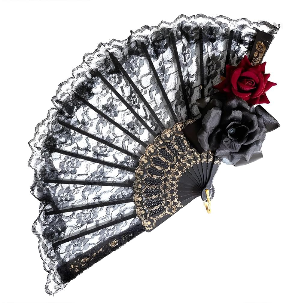 Abanico de mano negro de Halloween de encaje rosa de mano, vintage retro flor española, gran abanico plegable para mujeres, regalo de baile de