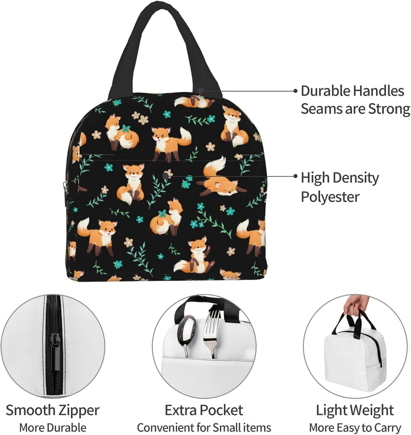 Bolsa de almuerzo de zorro para mujeres y hombres, lonchera aislada, contenedor de almuerzo lavable, bolsa de mano reutilizable, caja de almuerzo
