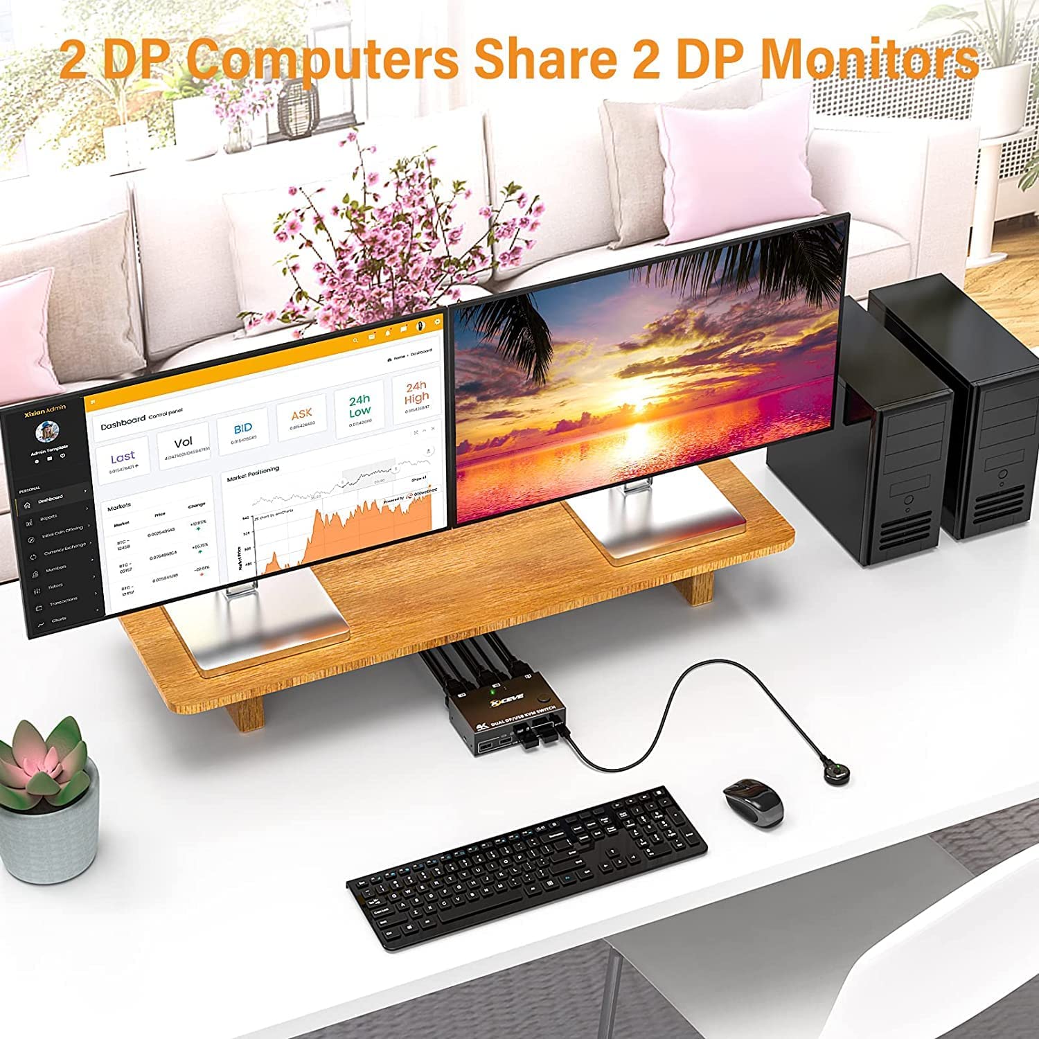 Displayport KVM Switch 2 Monitores 2 Computadoras, 8K 60Hz 4K 120Hz DP USB 3.0 KVM Switch para 2 computadoras Comparte 1 monitor y 4 puertos USB
