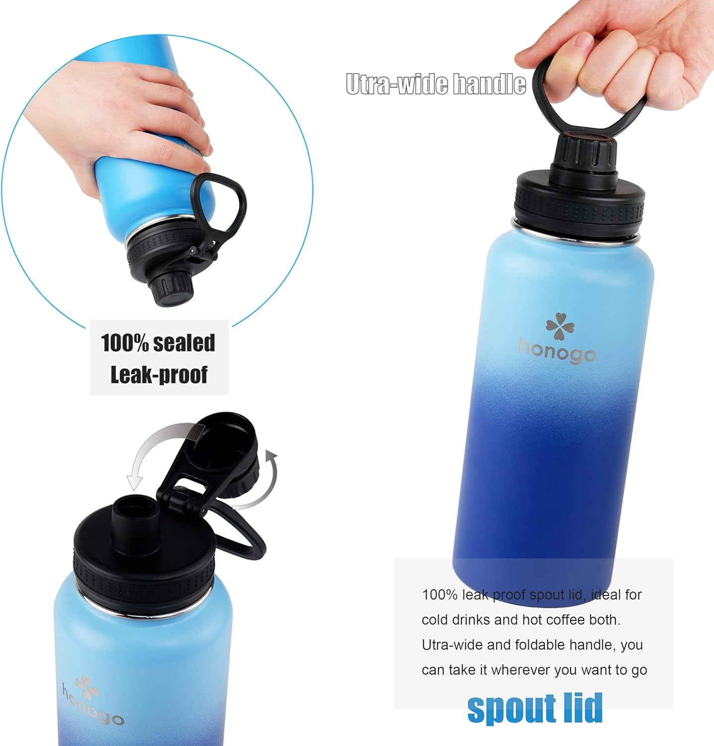 Botella de agua deportiva de 32 onzas con recubrimiento en polvo de doble pared aislada al vacío, termo de boca ancha de acero inoxidable 188 con