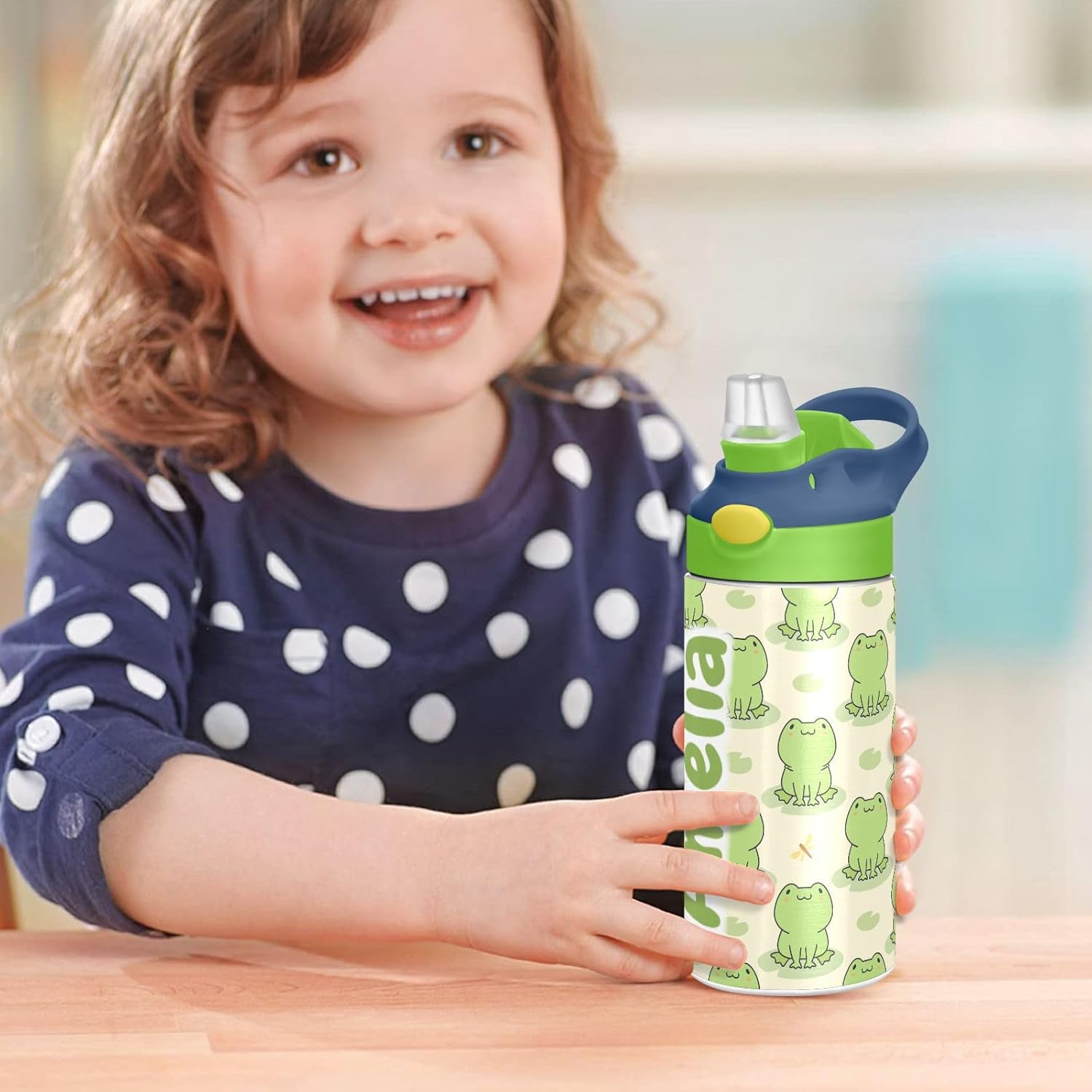 Cute Frog – Botella de agua aislada personalizada con pajilla, botella de agua al vacío de acero inoxidable personalizada para viajes y oficina