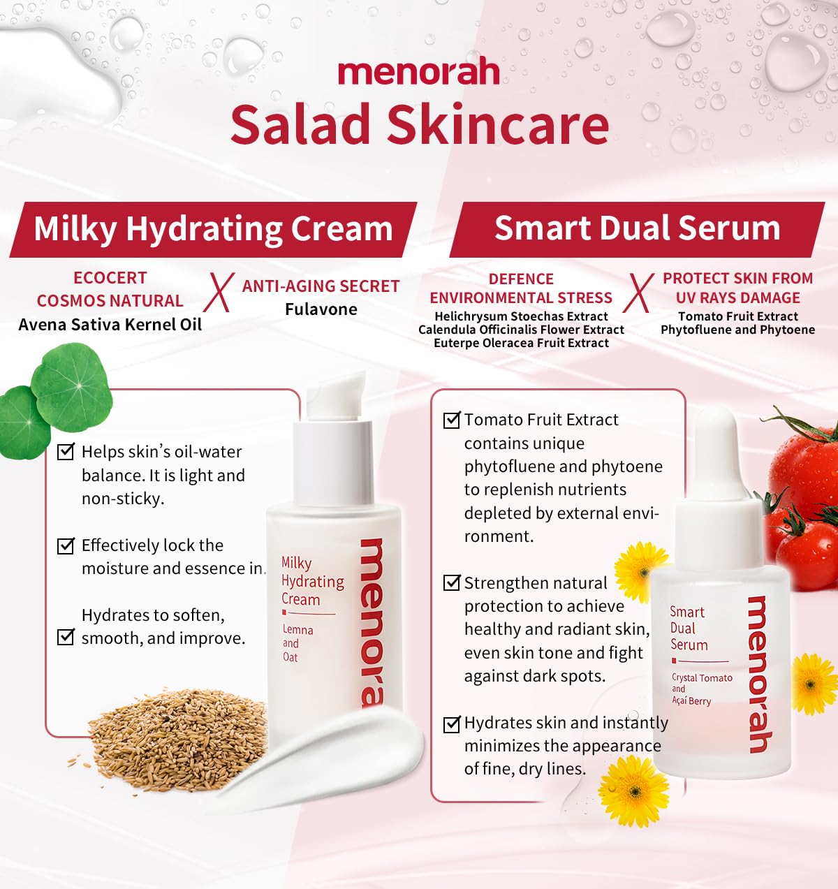 menorah skincare – Smart Dual Serum – con tomate de cristal y bayas de acai, suero para cara, antienvejecimiento, piel brillante, suero con infusión