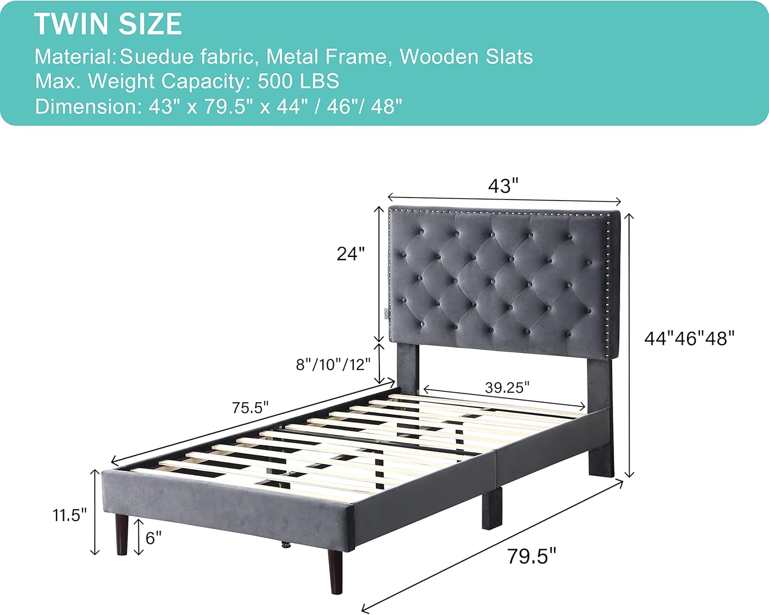 Base de cama de plataforma tapizada individual con cabecero ajustable de 48 pulgadas de alto, cama de terciopelo de gamuza copetuda con botones,