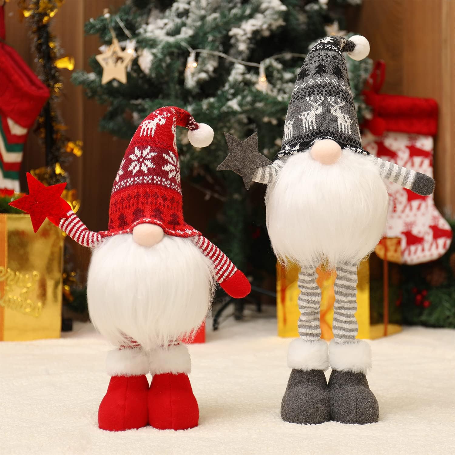 2 gnomos de Navidad iluminados con patas retráctiles de resorte, regalo de Navidad, decoración de Navidad para mesa de invierno, decoración de
