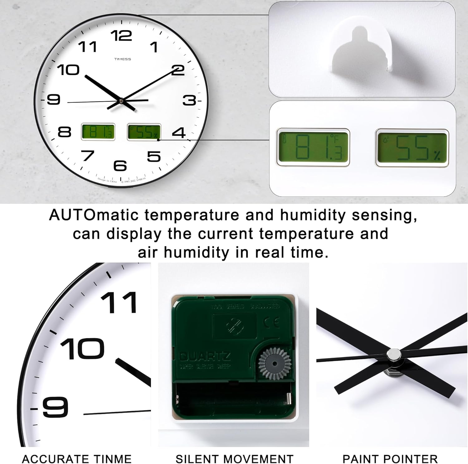 Reloj de pared, esfera grande de 14 pulgadas, silencioso, funciona con pilas, analógico con pantalla LCD dual para temperatura y humedad