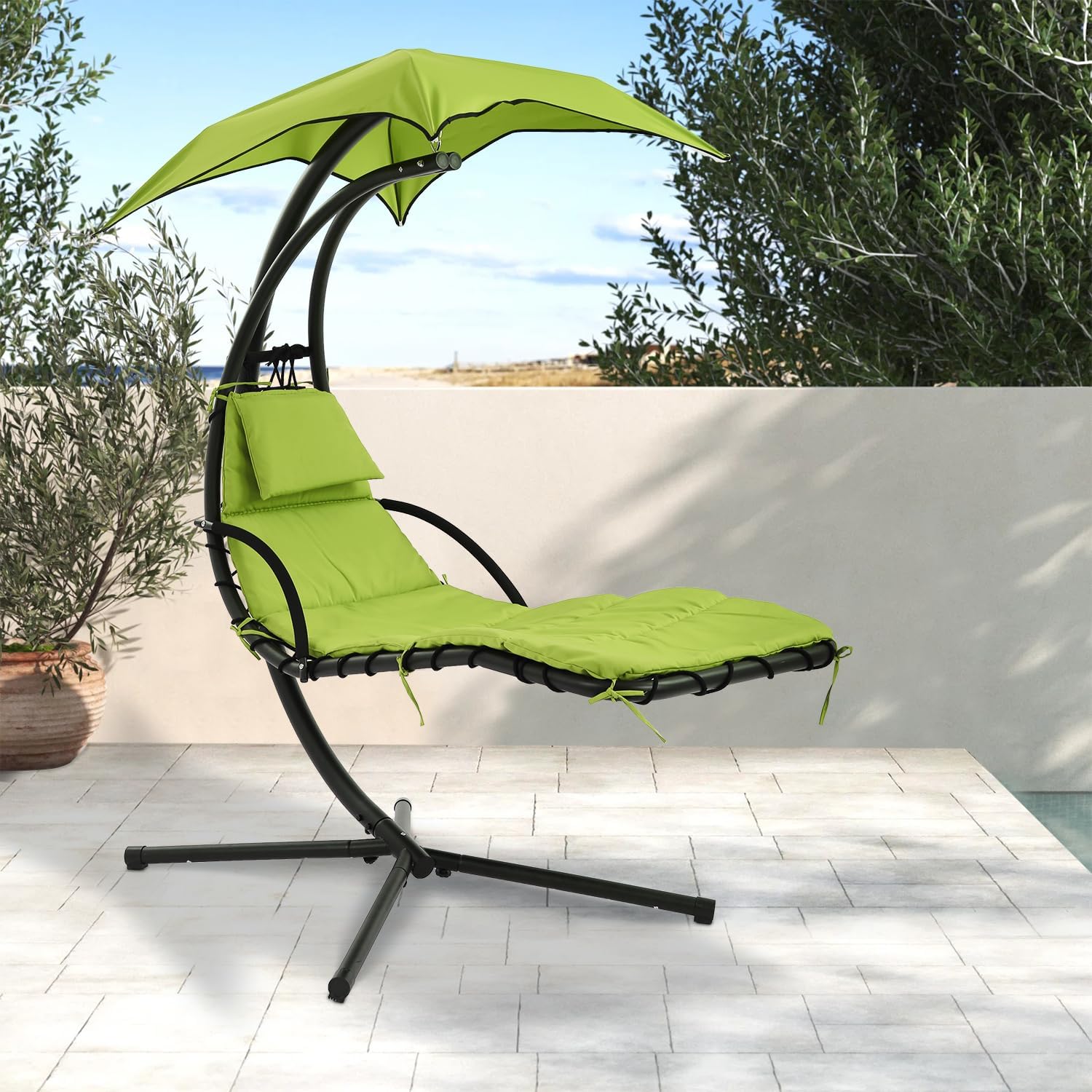 PayLessHere Silla hamaca con almohada integrada y silla de columpio extraíble para patio, toldo hamaca soporte de arco para porche de aire para