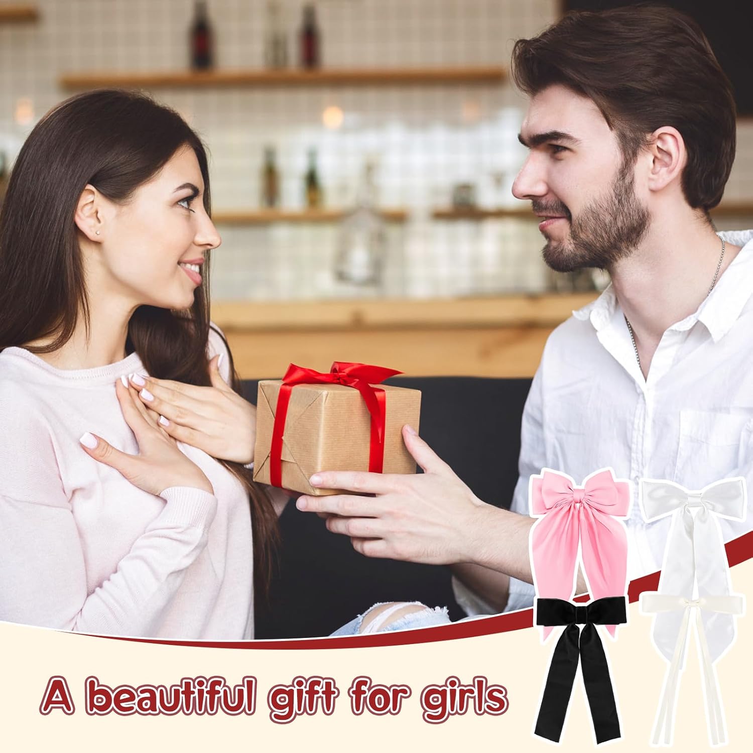 Zkptops 4 pinzas para el pelo con lazo para mujeres y niñas, cinta de satén sedosa rosa y blanca, soporte largo para cola de caballo grande,