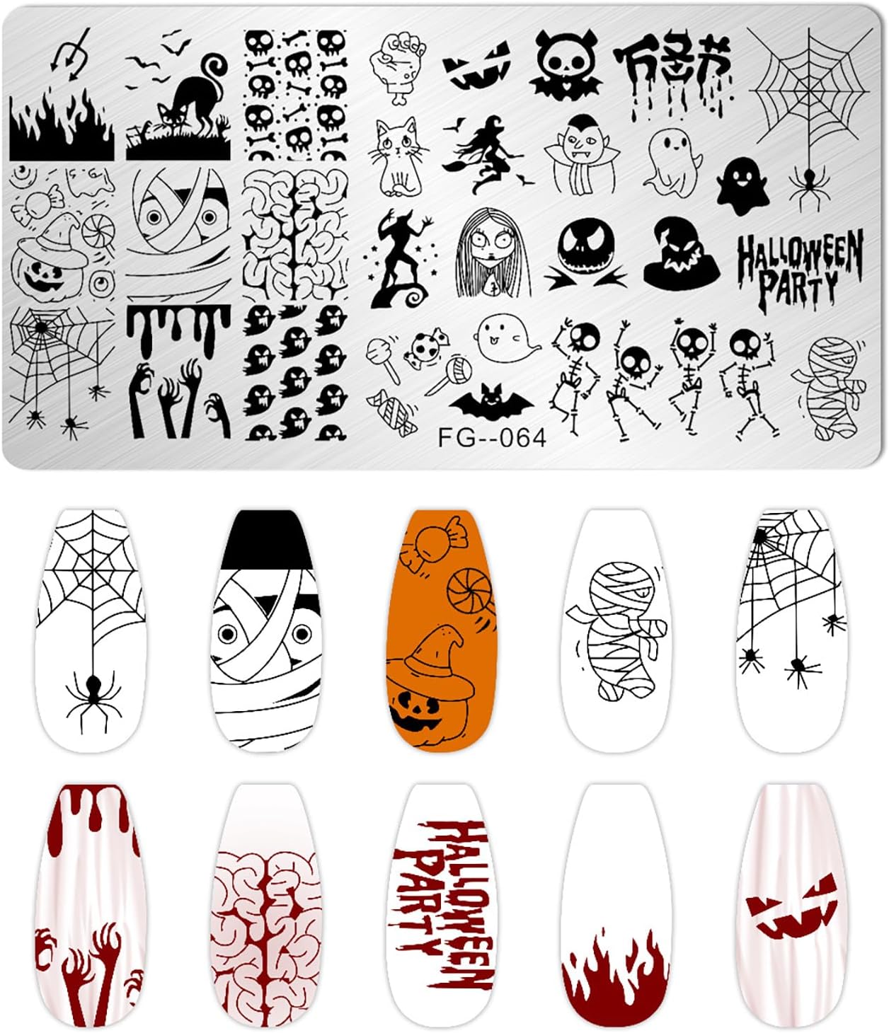 6 placas de estampado de Halloween, plantillas de estampado de arte de uñas, calavera, fantasma, calabaza, vampiro, murciélago, araña, arte de uñas,