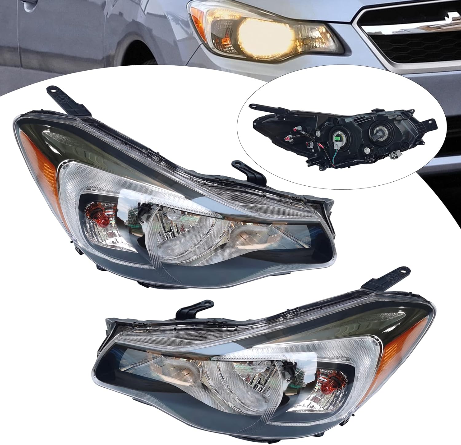 CNCEST Par de faros delanteros halógenos, ajuste directo, carcasa cromada, lente transparente, para modelos Subaru Impreza 2015-2016, delantero