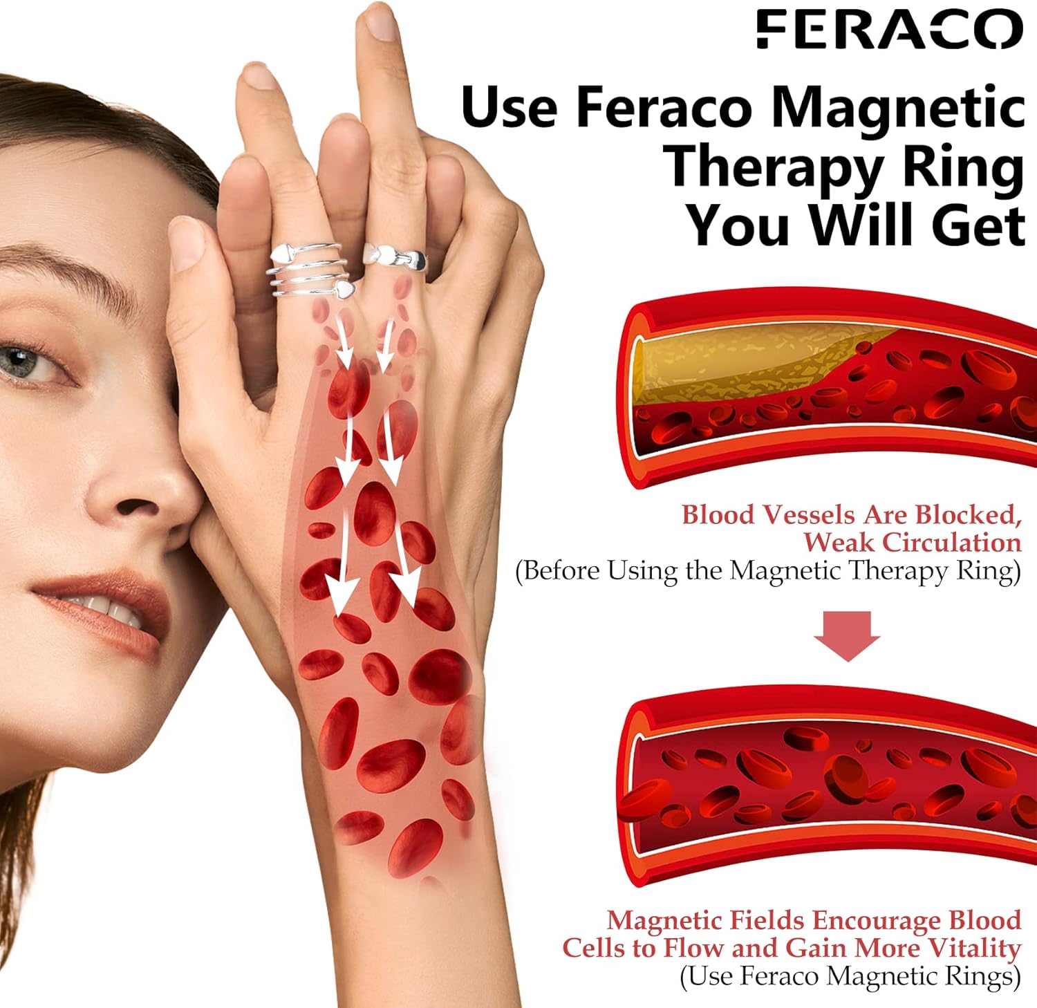 Feraco Anillo de cobre para mujer para artritis y alivio del dolor en las articulaciones, 99.99% cobre puro, recuperación magnética de terapia para