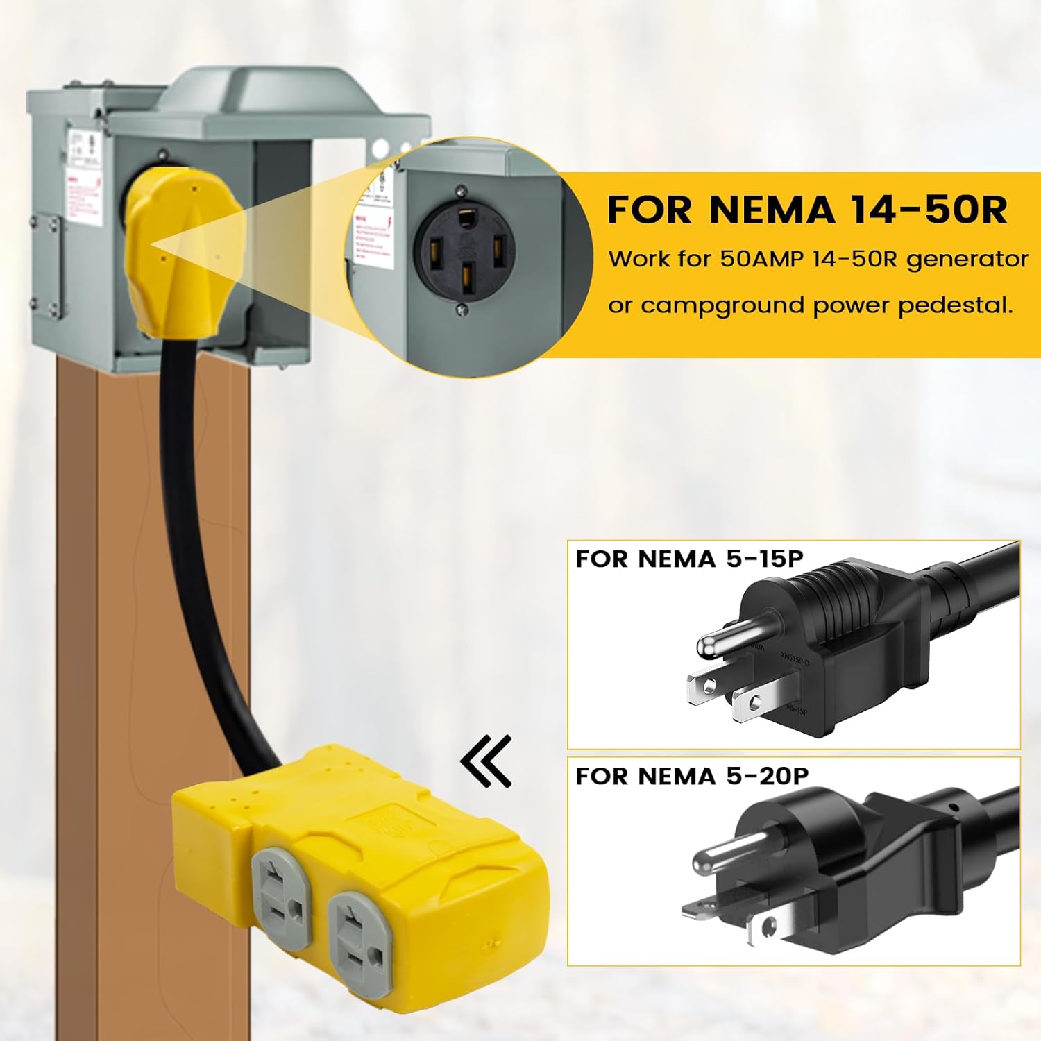 NEMA 14-50P enchufe macho a 4 × 5-20R15R cable adaptador de generador RV hembra, cable adaptador de 50 amperios a 20 amperios 125 V con interruptor,