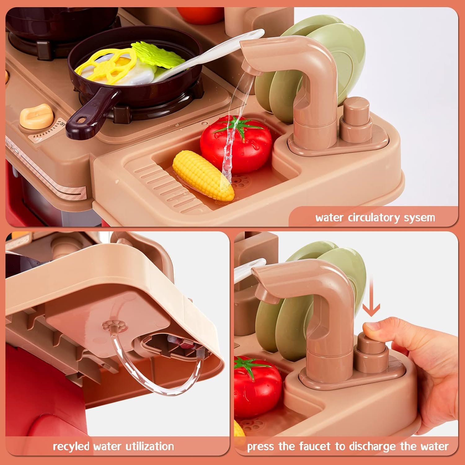 Juego de cocina para niños, 47 piezas de juguetes de cocina de 25 pulgadas para niños pequeños, juego de accesorios de juguete con sonidos y luces