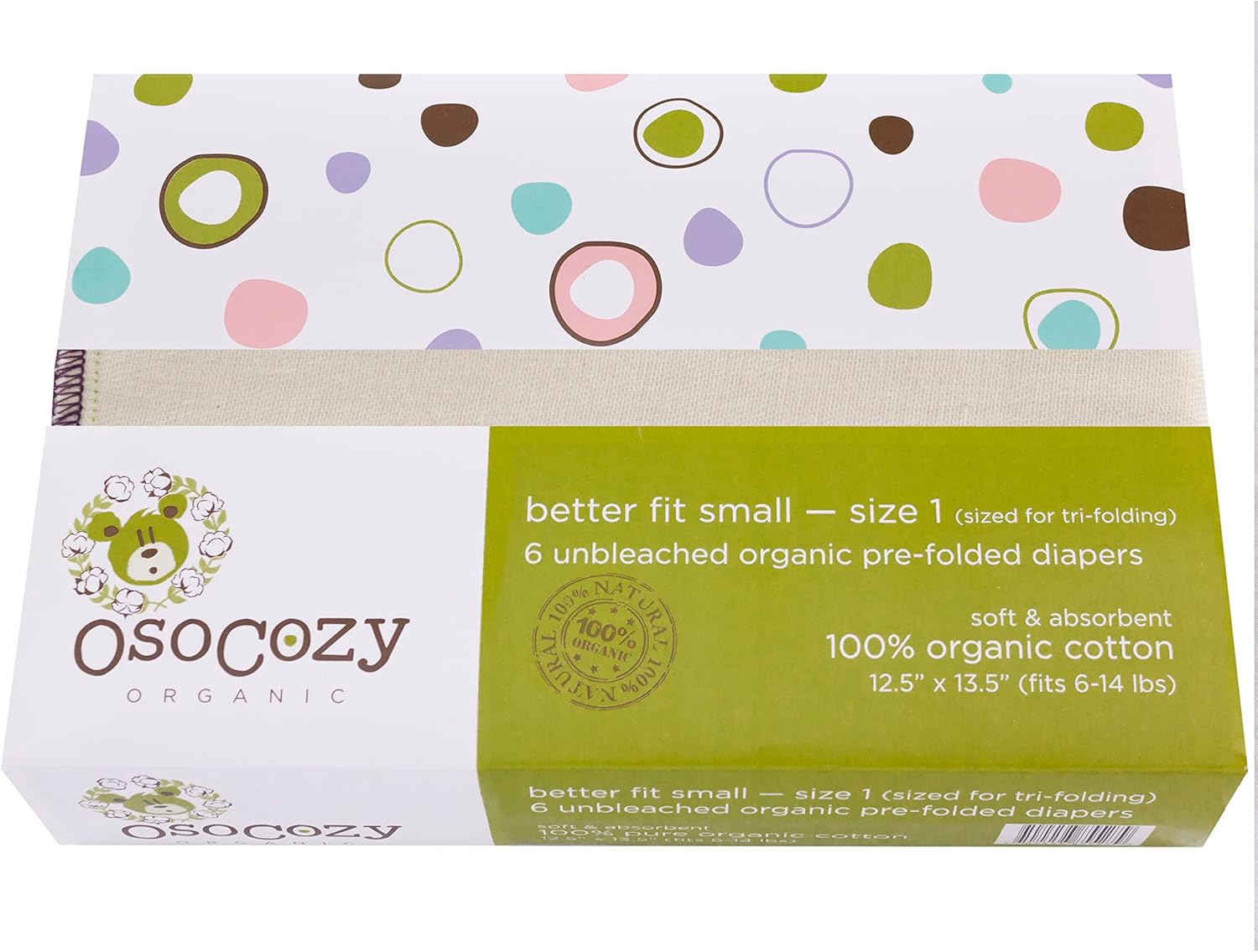 OsoCozy Pañales de tela preplegados de algodón orgánico que mejor se ajustan a capas de 4 x 8 x 4 pulgadas (6 unidades)  Supersuaves, gruesos,