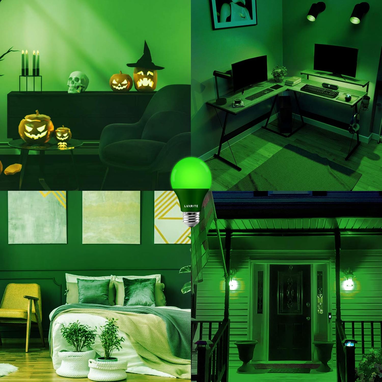 LUXRITE Bombilla LED verde A19, equivalente a 60 W, no regulable, certificación UL, base estándar E26, interior y exterior, porche, Navidad,