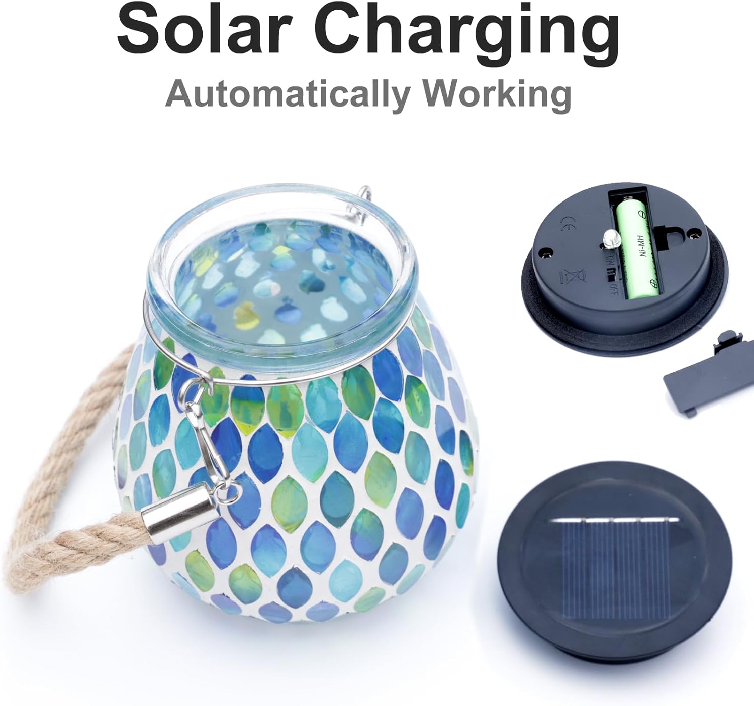 Luces solares para exteriores con tarro de vidrio de mosaico de varios colores, faroles de energía solar, luces colgantes de noche, lámparas LED de
