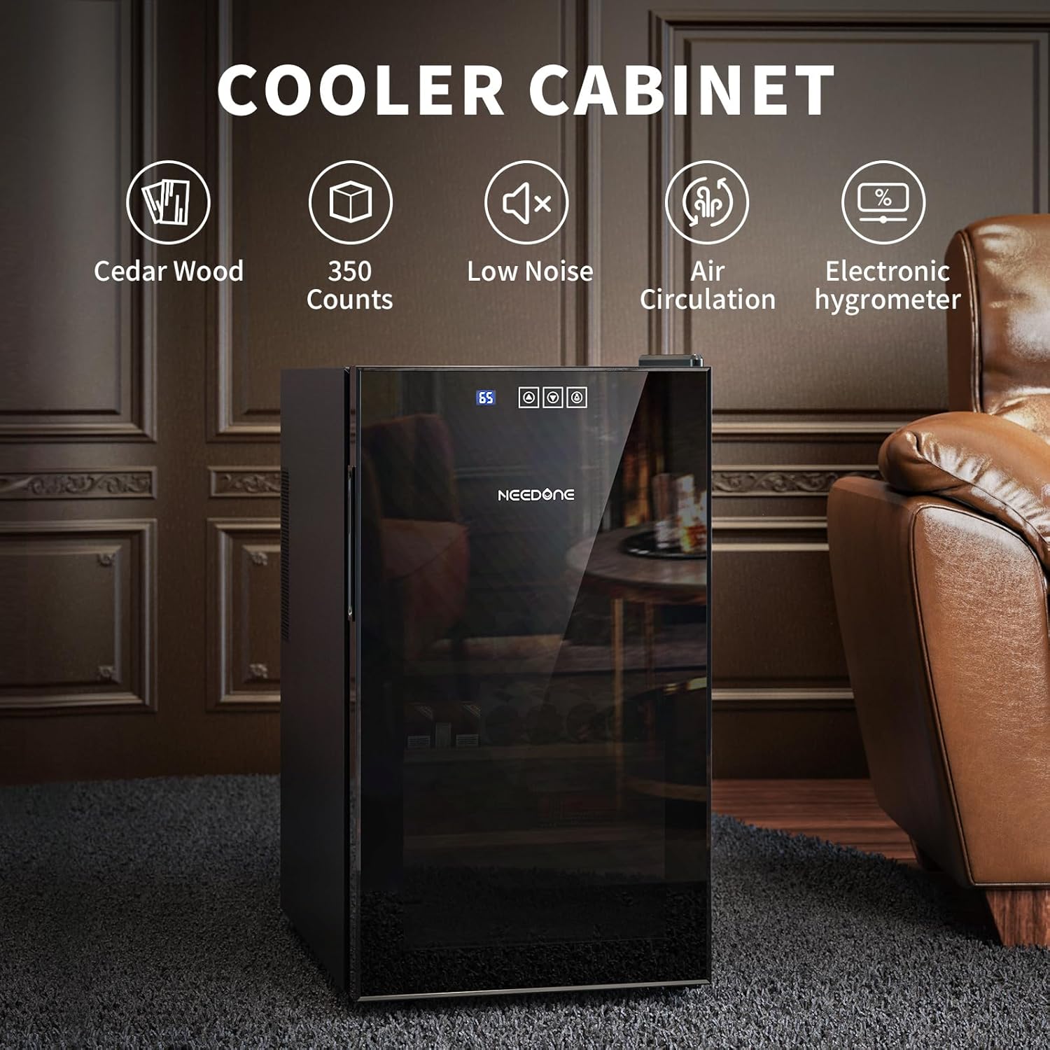 NEEDONE Humidor eléctrico de 48 L, armario grande para 300 unidades con estantes de madera de cedro español y cajón con higrómetro, funcionamiento