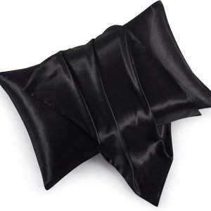 Fundas de almohada de satén con cremallera (20 x 26), juego de 2 fundas de almohada de tamaño estándar, funda de almohada de seda negra para cabello Fundas de almohada de satén con cremallera (20 x 26), juego de 2 fundas de almohada de tamaño estándar, funda de almohada de seda negra para cabello