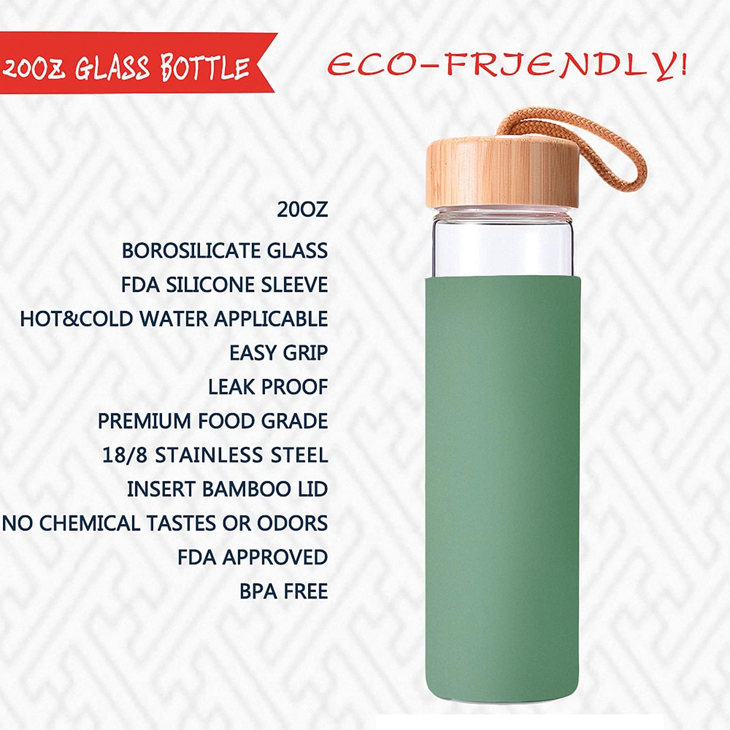 Botella de agua de vidrio de borosilicato de 20 onzas con tapa de bambú y funda de silicona, reutilizable, sin BPA, botella de vidrio con tapas,