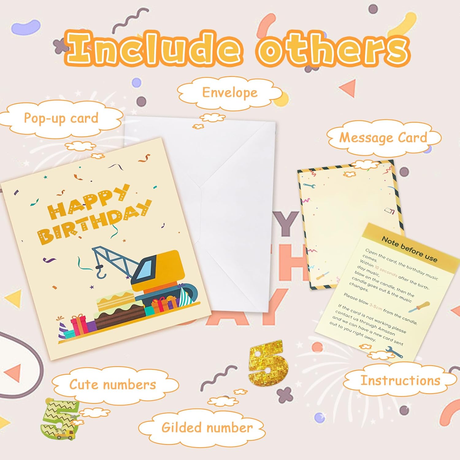 Tarjeta de felicitación 3D de 5 cumpleaños con luz y música, tarjeta de camión grúa para niño, sobrino, nieto, hijo, niño pequeño, con sobre,