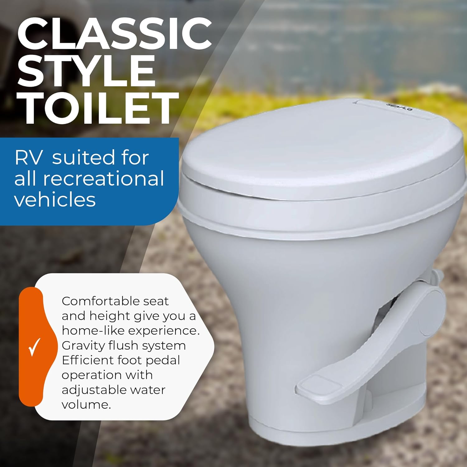 SEAFLO Inodoro RV – Altura estándar, descarga por gravedad, pedal de pie, tapa de cierre suave con accesorio rociador
