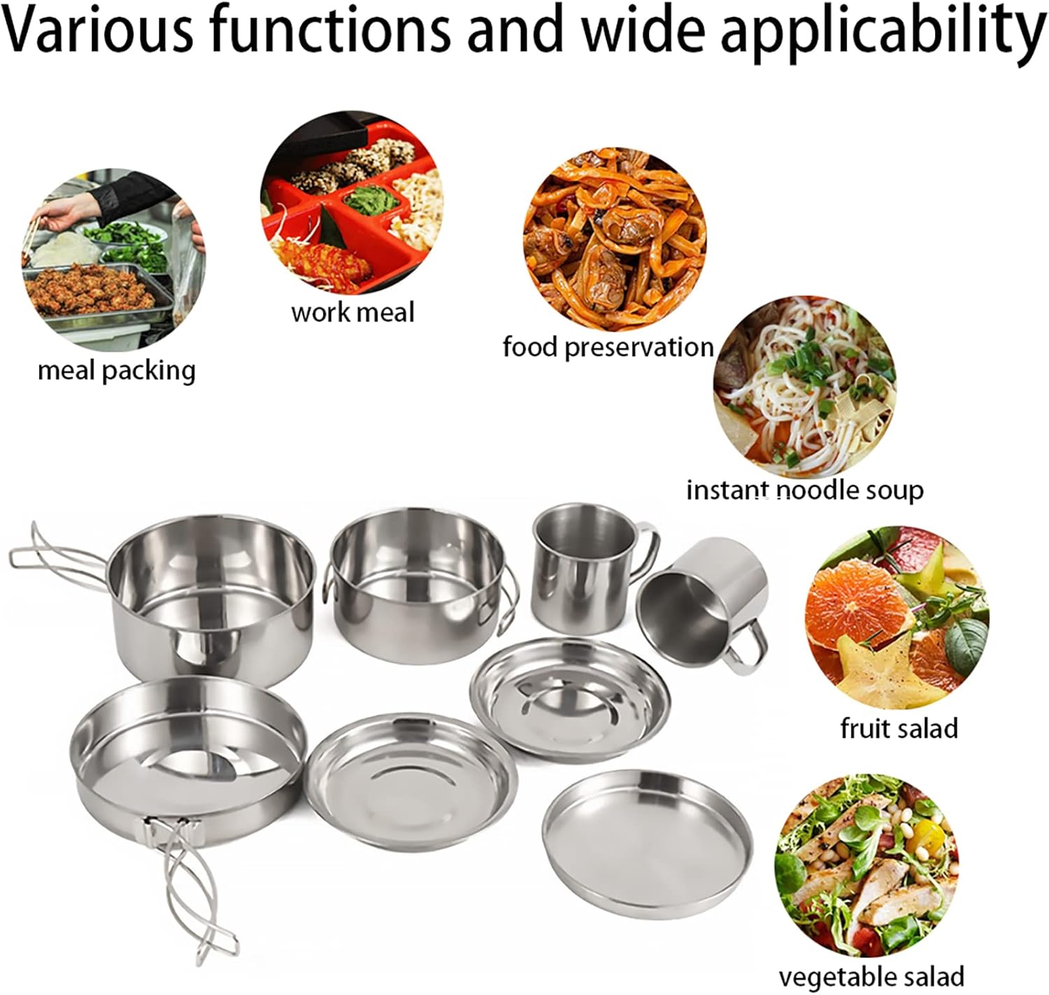 Juego de 8 utensilios de cocina para acampar para 2 personas, de acero inoxidable, compacto, juego de cocina, ligero, para mochilero, para acampar y