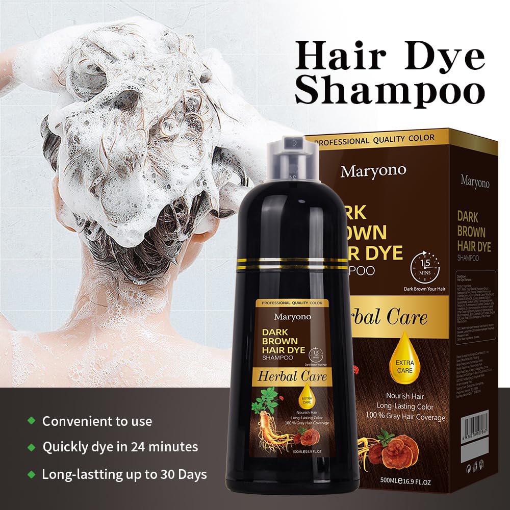 Maryono Champú de tinte para el cabello castaño oscuro 3 en 1, champú de tinte para cabello para cobertura de cabello gris, champú de color de