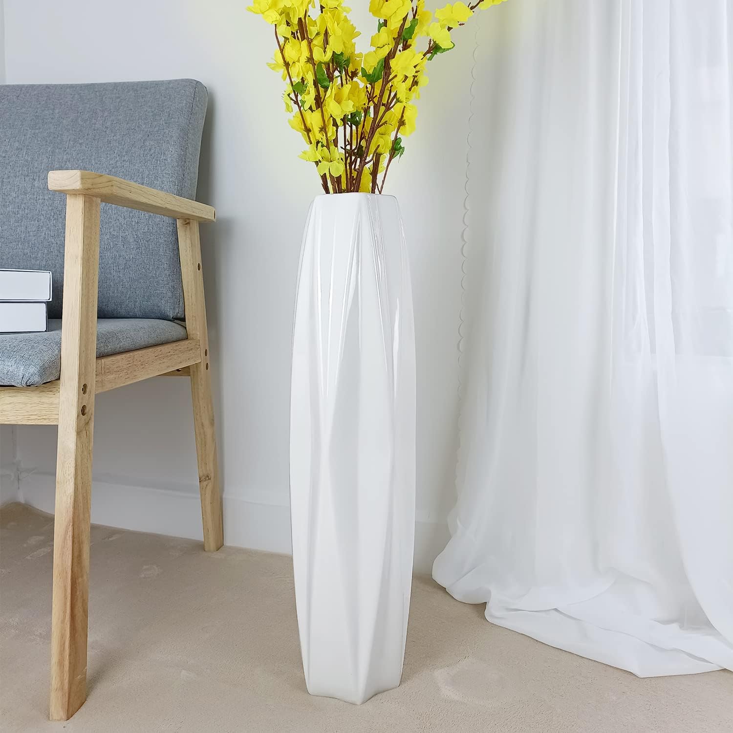 Jarrón grande de cerámica de 24 pulgadas de alto, jarrones blancos altos y modernos para oficina, hogar, granja, decoración de sala de estar, diseño