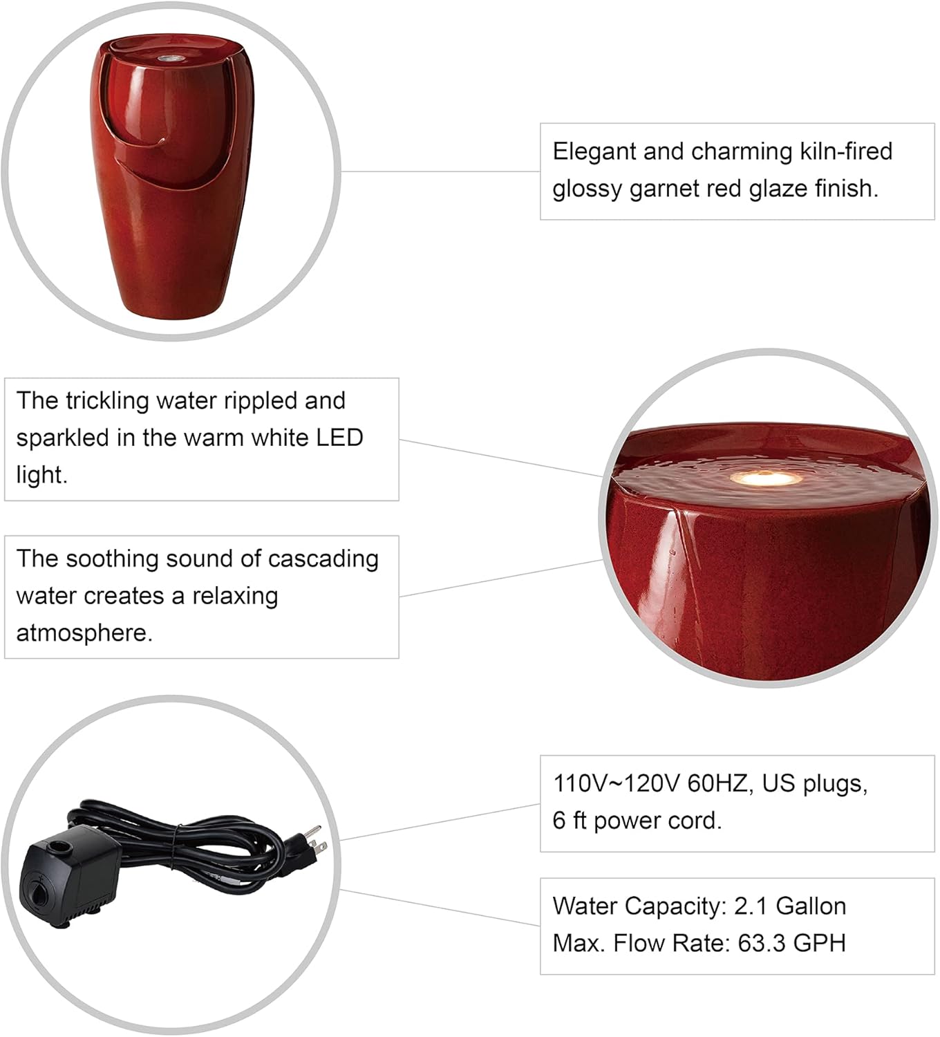 Glitzhome Jarrón de cerámica de 21.25 pulgadas de alto, fuente de agua para exteriores, fuente de agua alta para patio y jardín, con luz LED y bomba