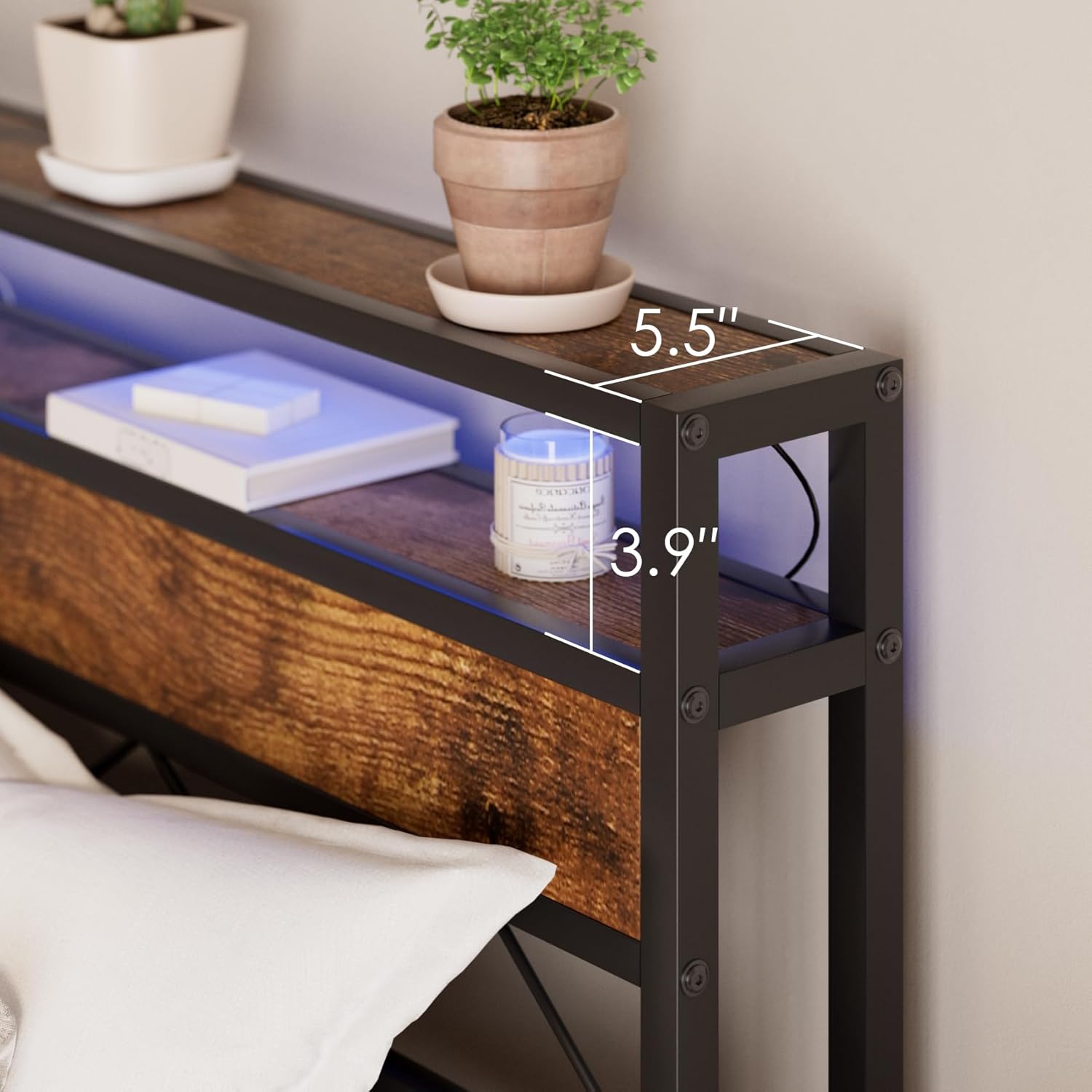 Aobafuir Base de cama Queen con cabecera de almacenamiento, marco de cama tamaño Queen con estación de carga, cama de plataforma con luces LED,