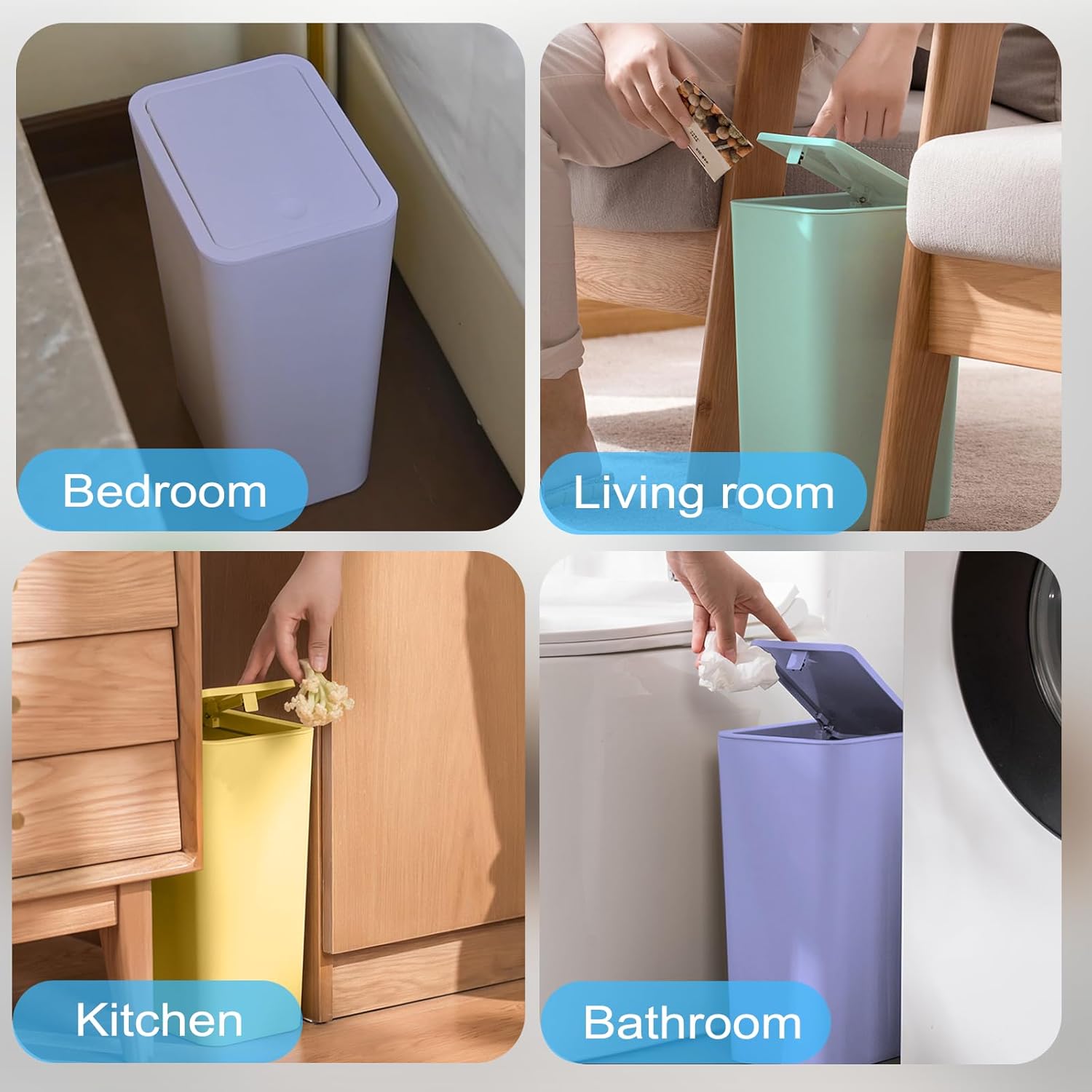 Paquete de 3 cubos de basura pequeños para baño con tapa, papelera delgada de 10 litros2.6 galones con tapa desplegable para dormitorio, oficina,