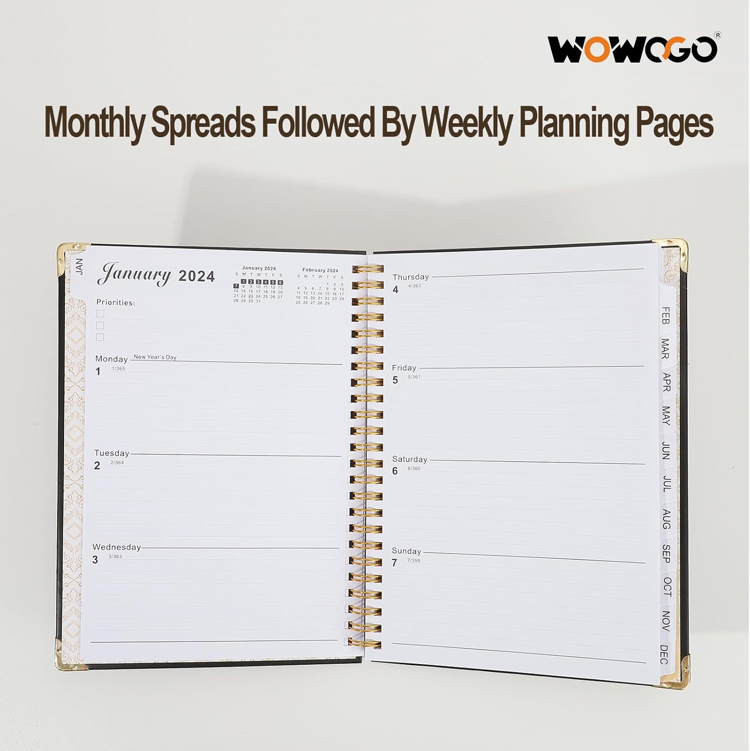WOWOGO Agenda semanal y mensual 2024, enero a diciembre con pestañas mensuales, 5.5 x 8.3 pulgadas, encuadernada en espiral