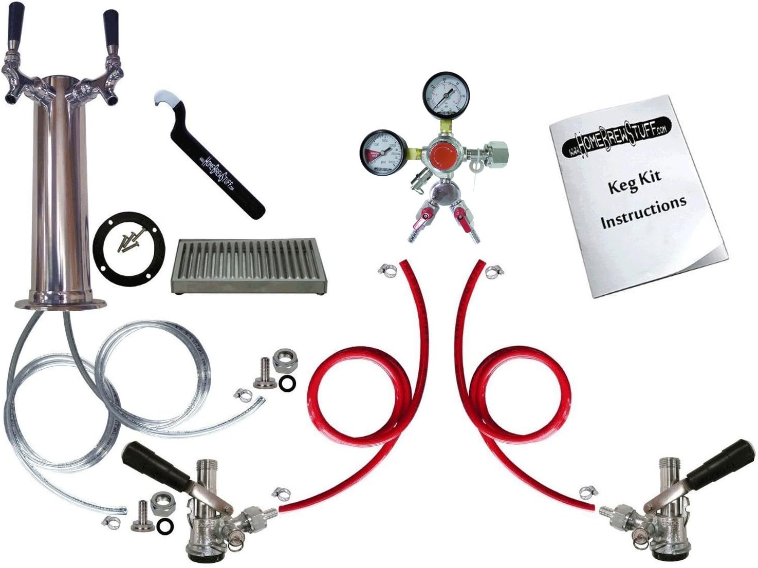 HomeBrewStuff – Kit de conversión de barril Kegerator de torre de cerveza de doble barril con regulador y bandeja de goteo