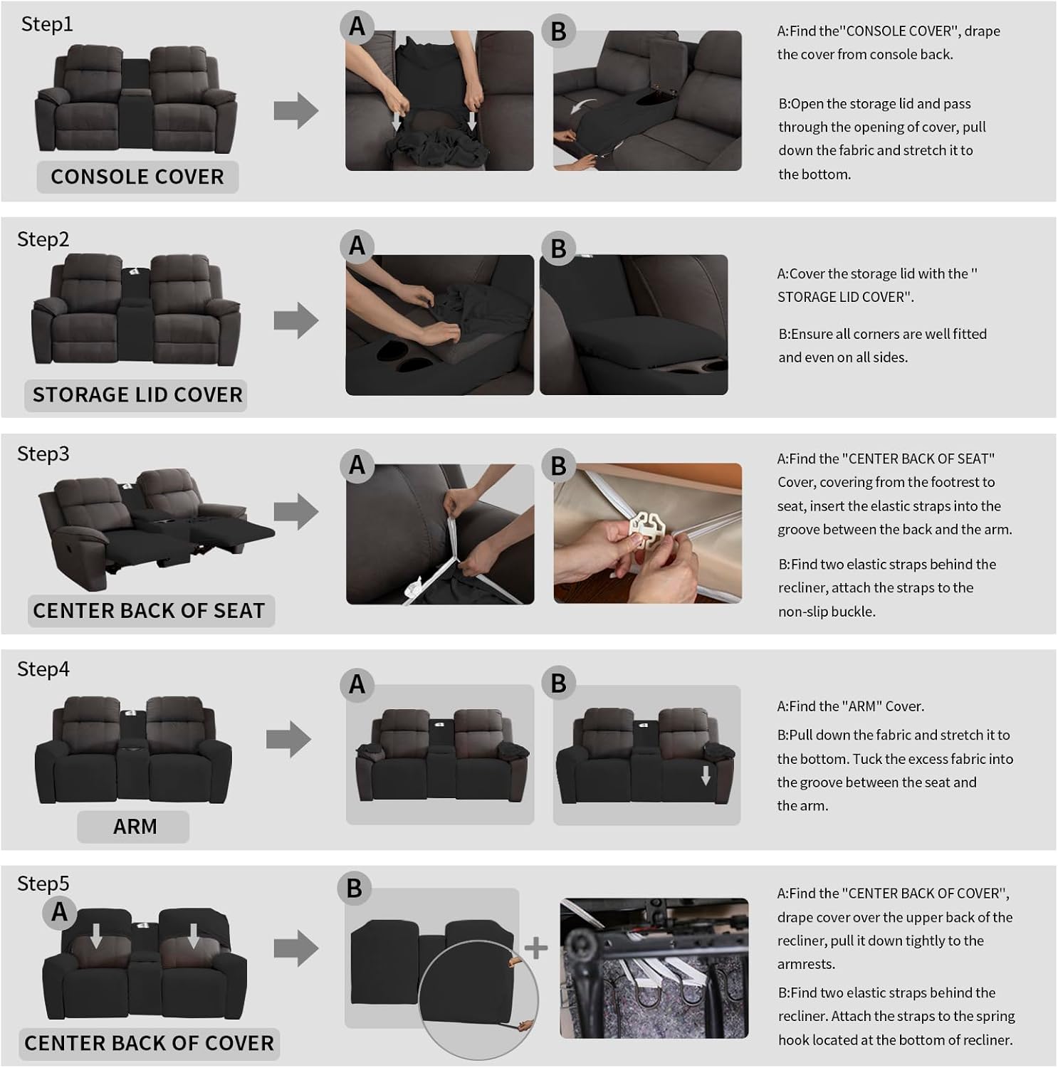 Easy-Going Sofá biplaza reclinable de terciopelo con funda de consola central, fundas elásticas para sofá reclinable de 8 piezas, funda de sofá