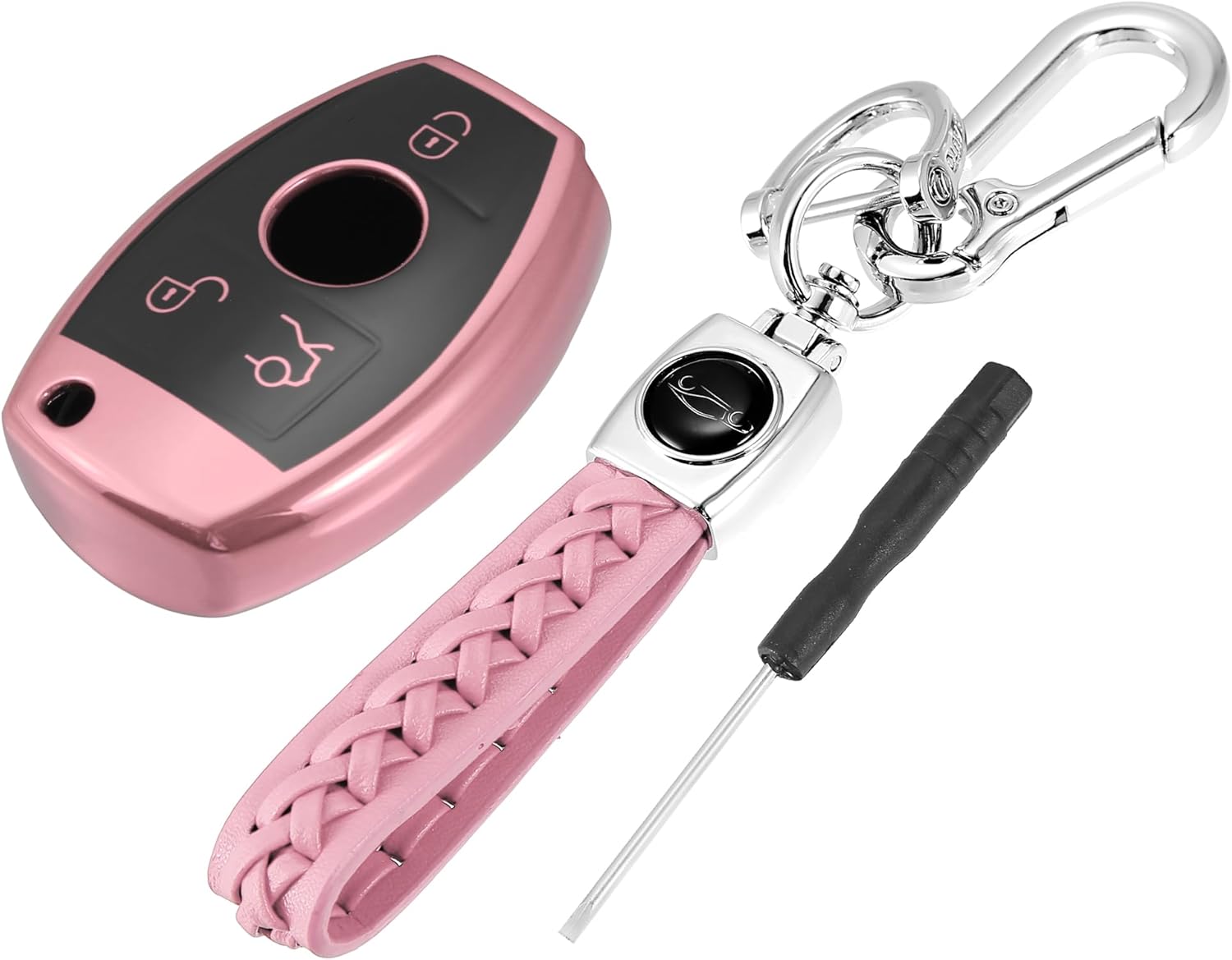 X AUTOHAUX Funda para llavero de automóvil con 3 botones y llavero rosa para Mercedes Benz C E S M CLS CLK G