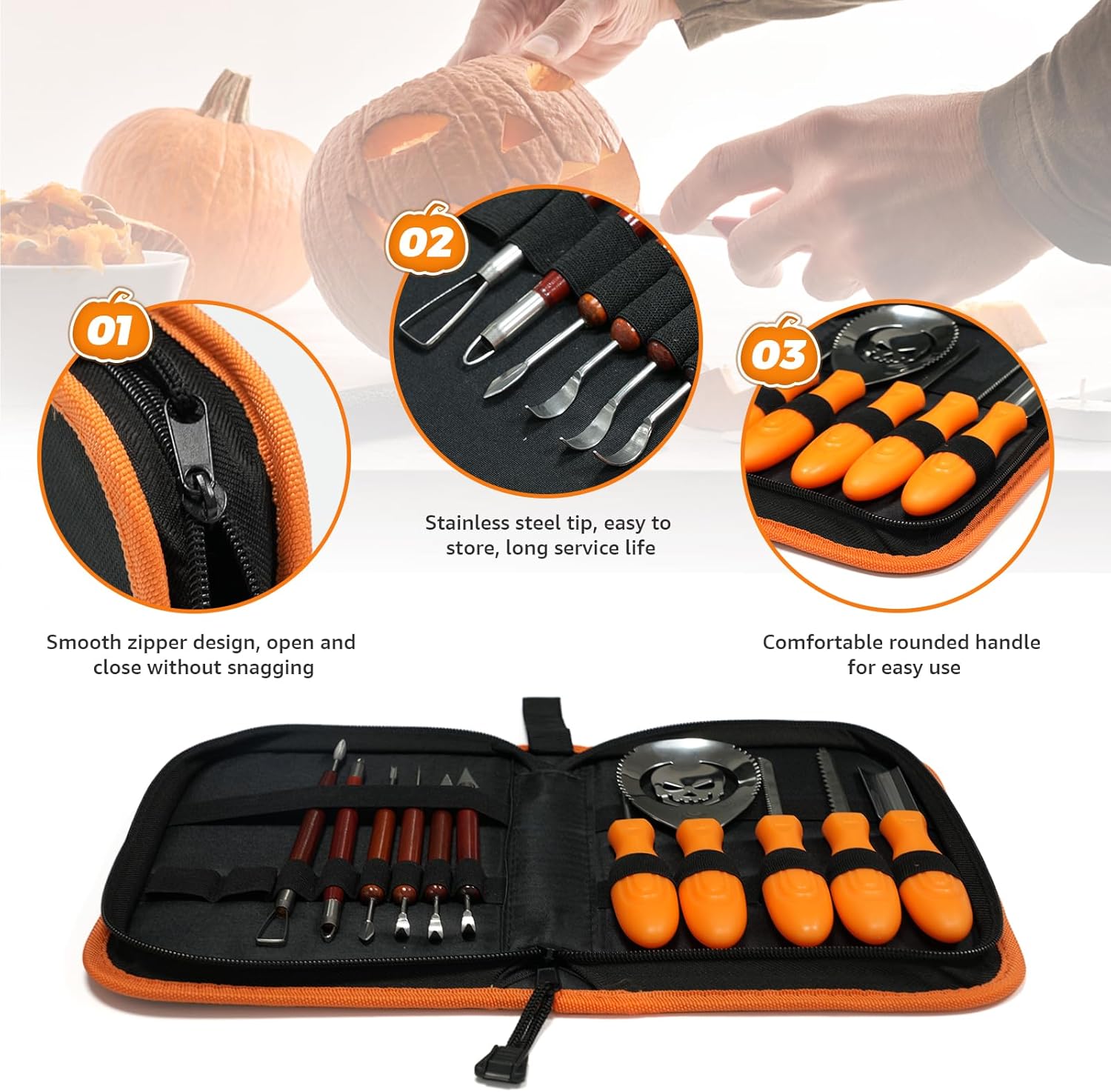 Kit de 11 piezas de tallado de calabaza para adultos y niños con herramientas de escultura de detalles profesionales, juego de cuchillos de acero