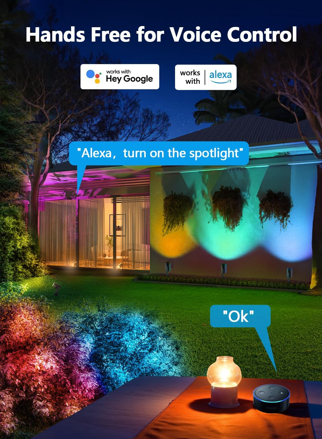 APPECK Iluminación inteligente de paisaje, focos de paisaje impermeables IP67, 3000LM regulables RGBICW luces de camino funcionan con Alexa, luces