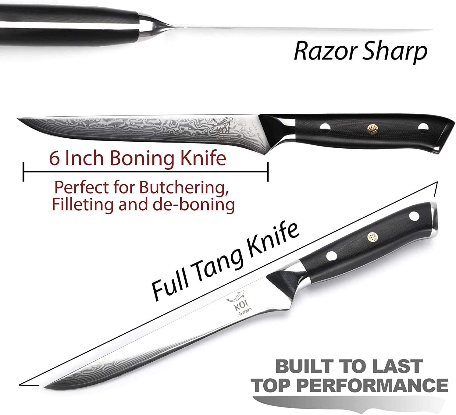 KOI ARTISAN Cuchillo de fileteado para deshuesar, cuchillo de fileteado de hoja de 6 pulgadas, cuchillo de carnicero para deshuesar pescado y carne,