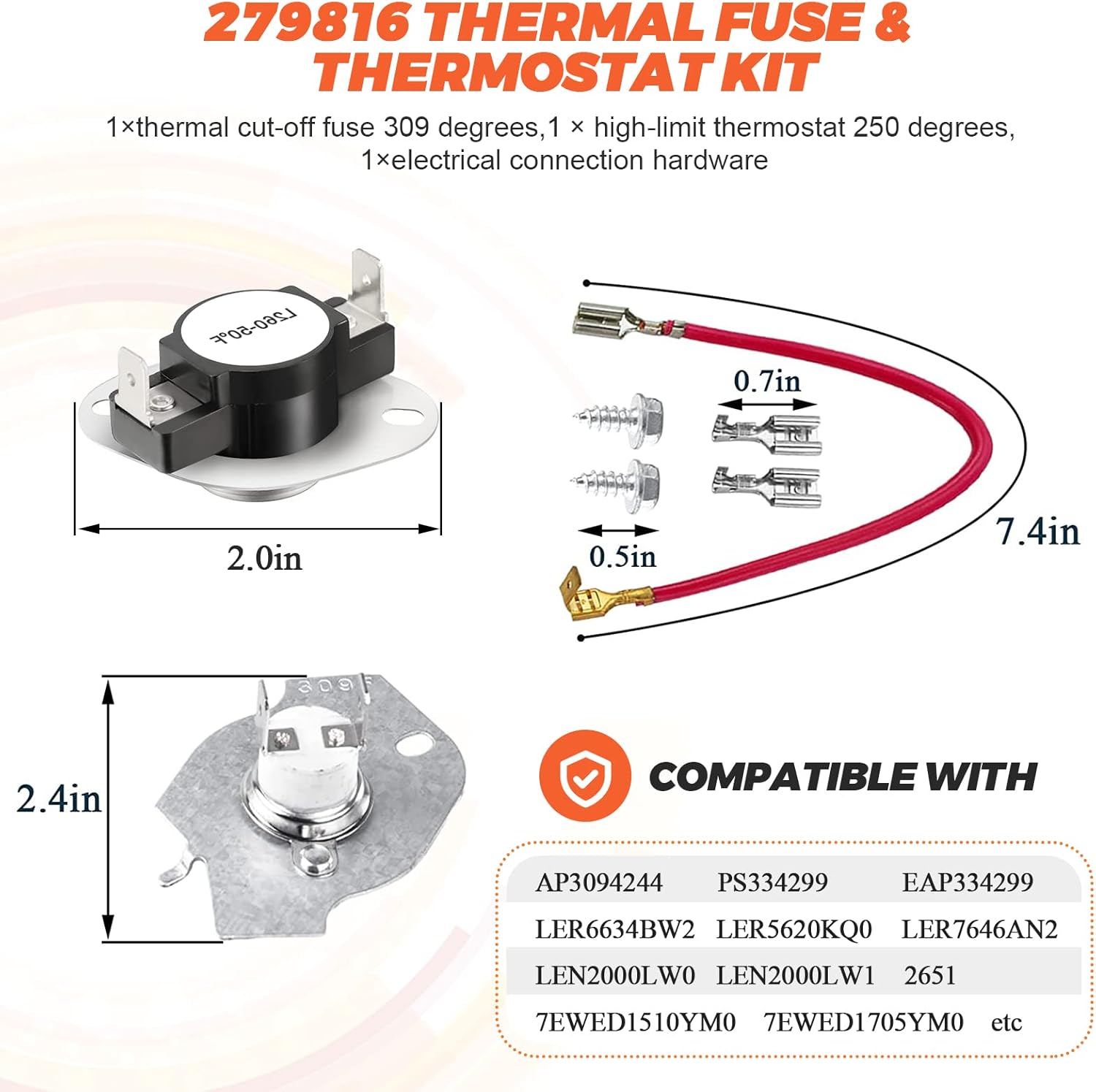 W11344457 3387747 AP6008281 Heating Element Assembly & 279816 Thermostat Kit & 279973 3392519 Thermal Fuse by Beaquicy – Fit for Ken-more Whirl-pool