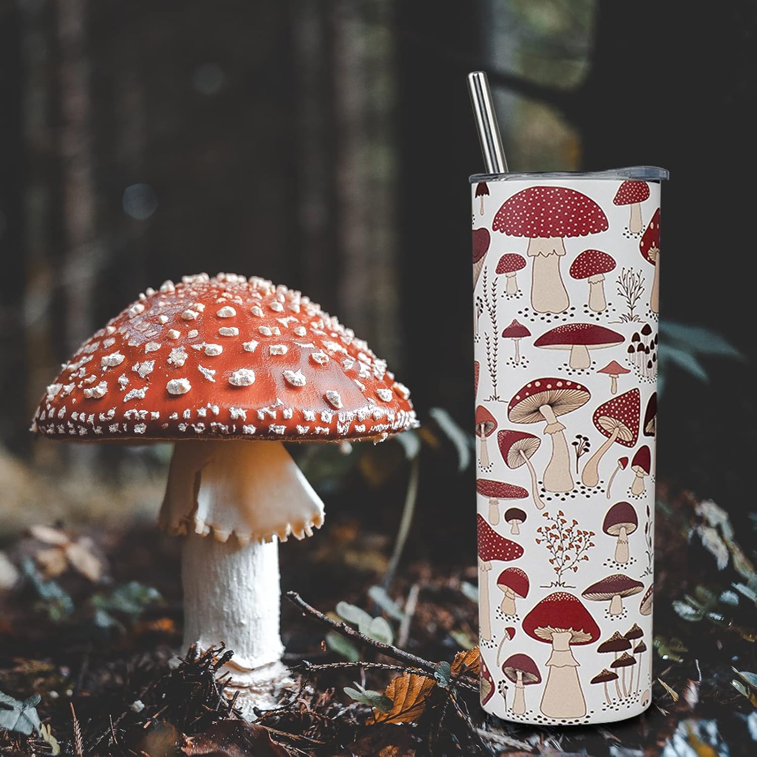 Yuzlin Vaso de hongos con tapa y pajita, de acero inoxidable, de 20 onzas, vaso delgado con diseño de hongos, taza de viaje, lindo vaso de café,